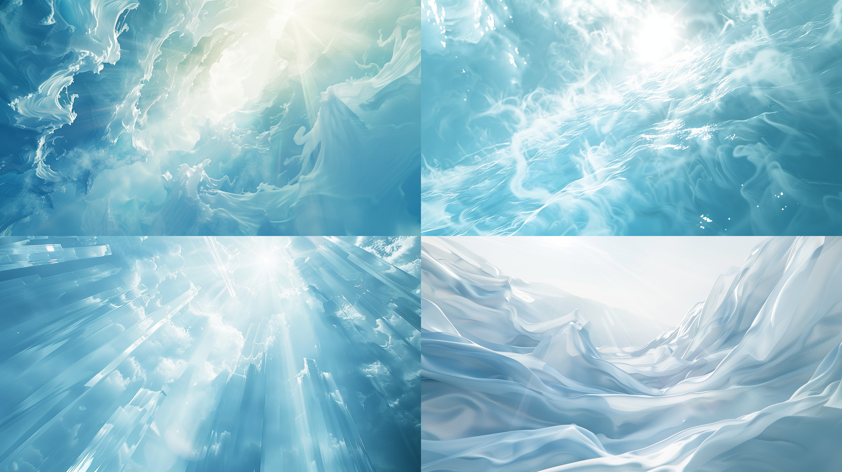 an abstract shot of sunlight and light, in the style of light sky-blue and light white, spiritual resonance, rendered in cinema4d, ethereal escapism, light-filled landscapes