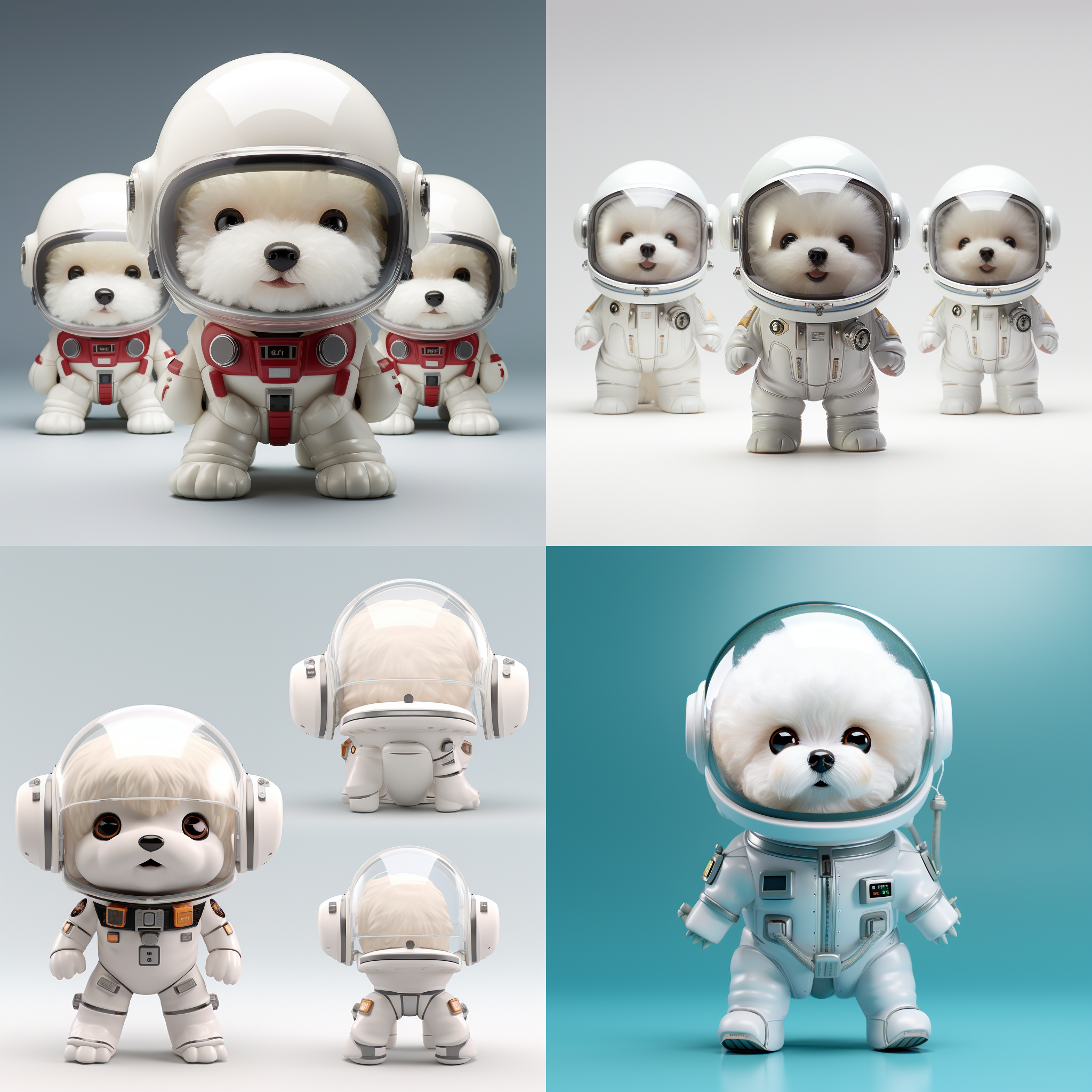 白色比熊狗狗宇航员戴着玻璃帽子，站在干净的背景前，生成三个视图：前视图、左视图和后视图。全身可见，卡通ip风格，科技感十足。配色柔和，背景为工作室灯光octane render渲染的纯净背景。采用3d建模软件c4d制作，使用超高品质ultra hd 8k分辨率，宛如皮克斯动画般精美。