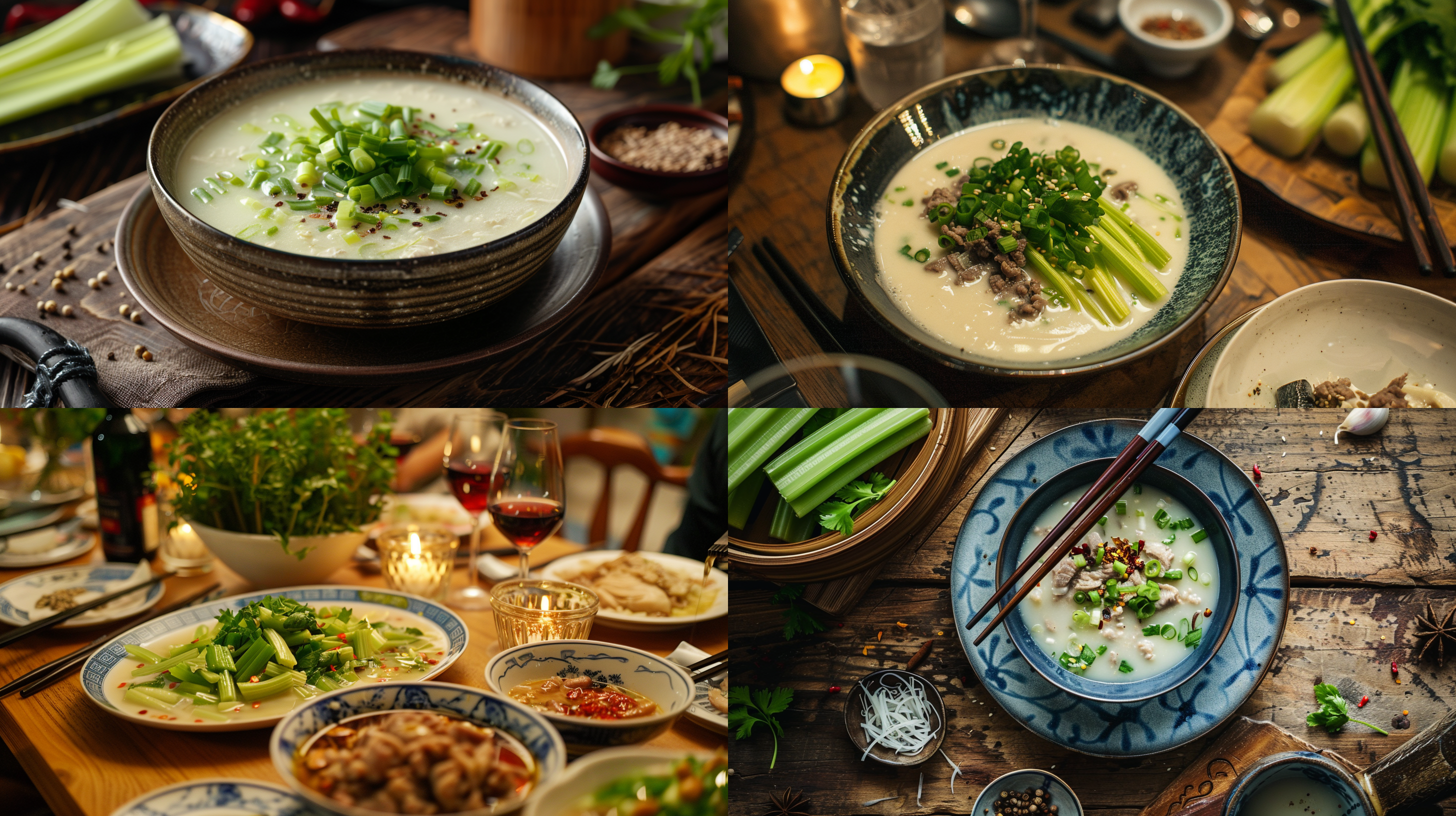 一碟煮熟的芹菜，一碗有一点花椒的奶白色羊肉汤，晚上，餐桌 照片写实