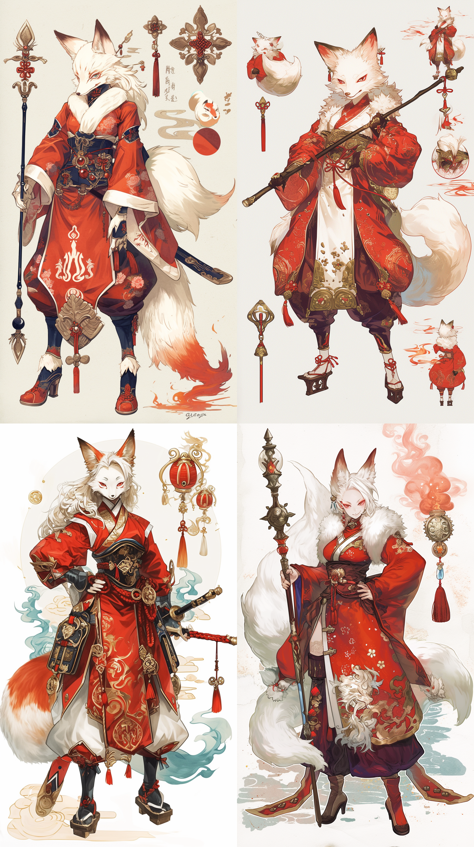 狐狸浪客，中式服装，水火棍，狡猾笑容，多角度展示，红色毛发，六维图，游戏设计，侧面展示，背面展示，不同表情，古风设计，角色设定。