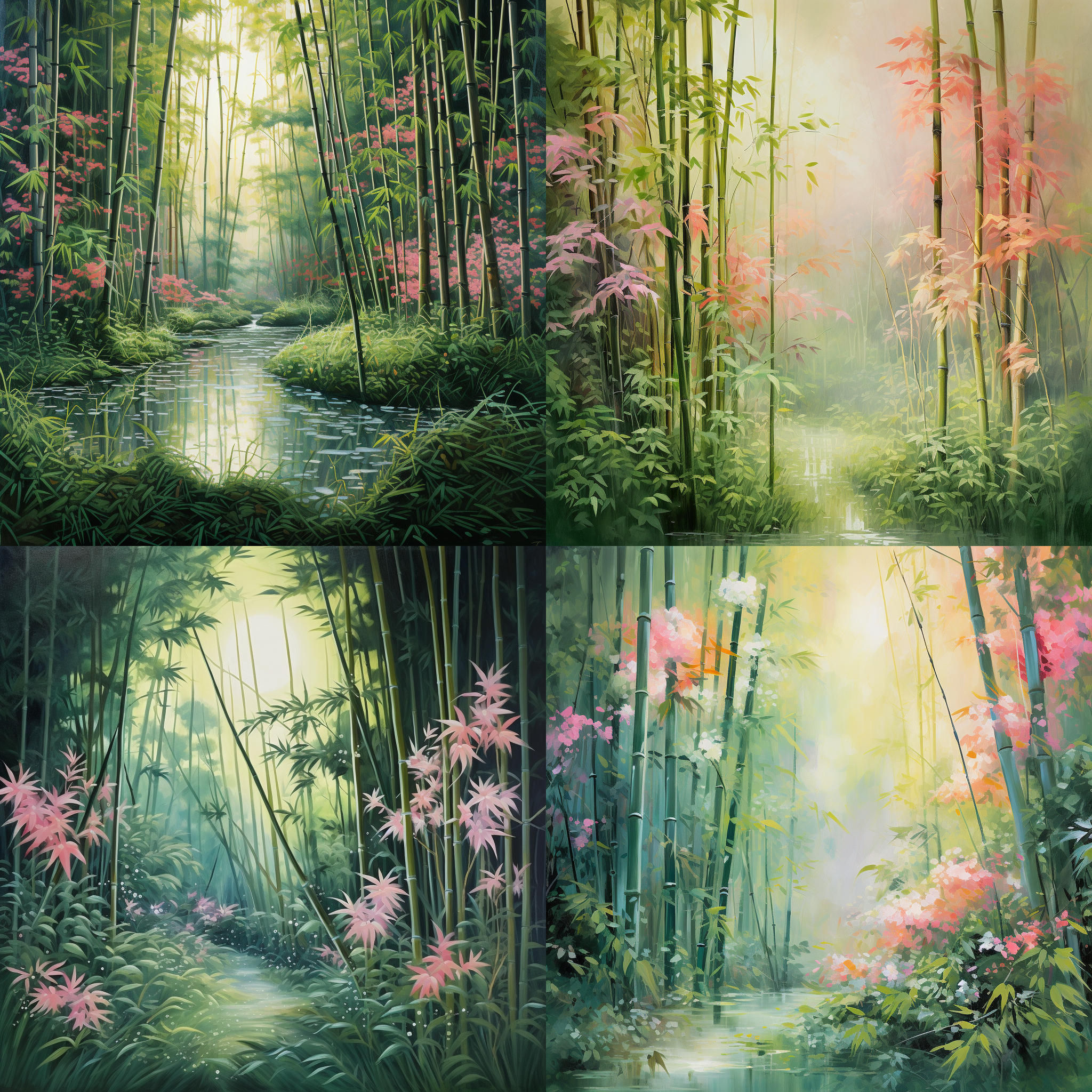 a bamboo grove with peach blossom, their vibrant colors contrasting with the lush green of the bamboo leaves. the scene is bathed in soft, diffused lighting, creating a dreamy and romantic atmosphere. you can almost feel the gentle breeze rustling through the leaves and the subtle fragrance of the flowers filling the air