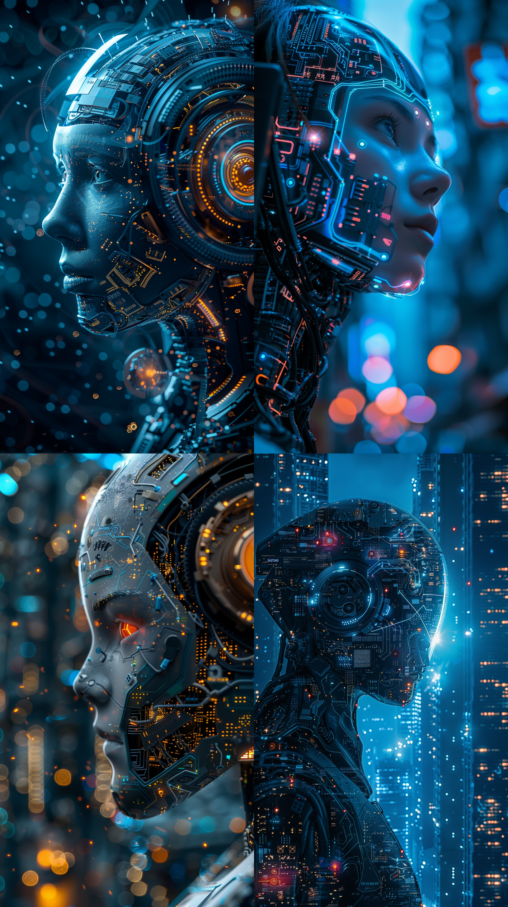 generate a set of image advertisements represented by ai technology, with ai intelligent robots standing at the center of the image, combined with intelligent chip circuits, big data operations, ai technology and urban technology elements, using technology blue as the main color tone, reflecting a strong sense of technology and future, top-notch image quality, modern style advertising design, reflecting technological aesthetics, artistic aesthetics, aesthetics, rich color saturation levels, rich image details, and simple background, minimalist lines. all over