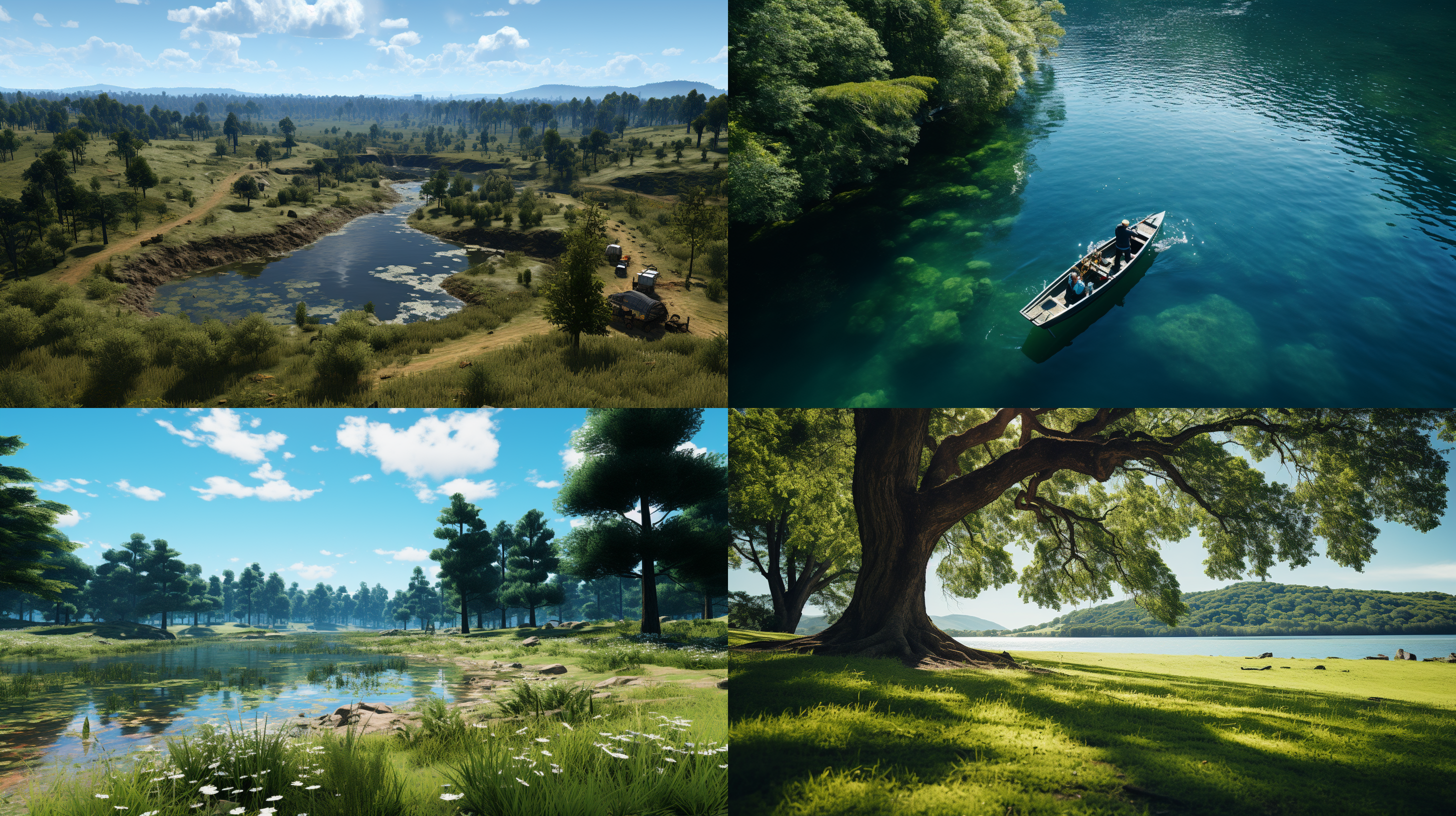 湖泊树荫下的翠绿草地，高位鸟瞰，高清摄影，夏日午后，避暑休憩，湖泊，树荫，草地，湖水倒影，蓝天白云，清新自然，明亮色调，静谧，宁静。