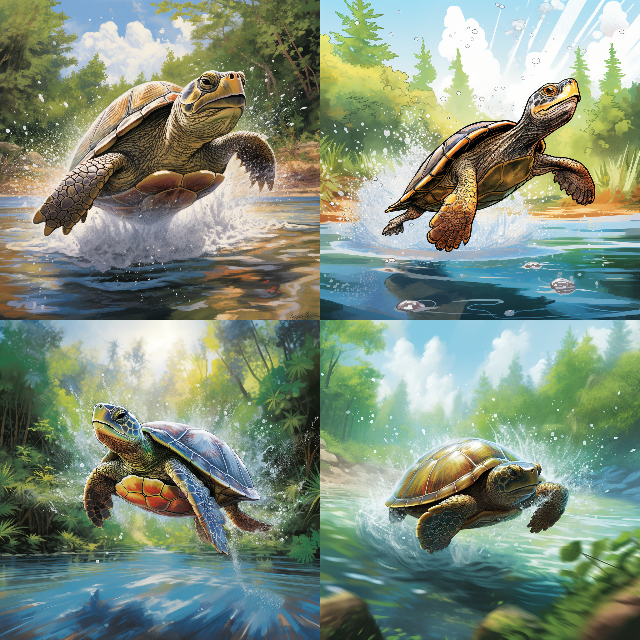 a river turtle leaping out of the river surface, creating a small splash. the turtle has a rounded shell and its limbs are extended as it jumps into the air. the water droplets glisten on its shell and the ripples radiate outwards from the spot where it landed. the background scene shows a calm river with banks lined with lush vegetation