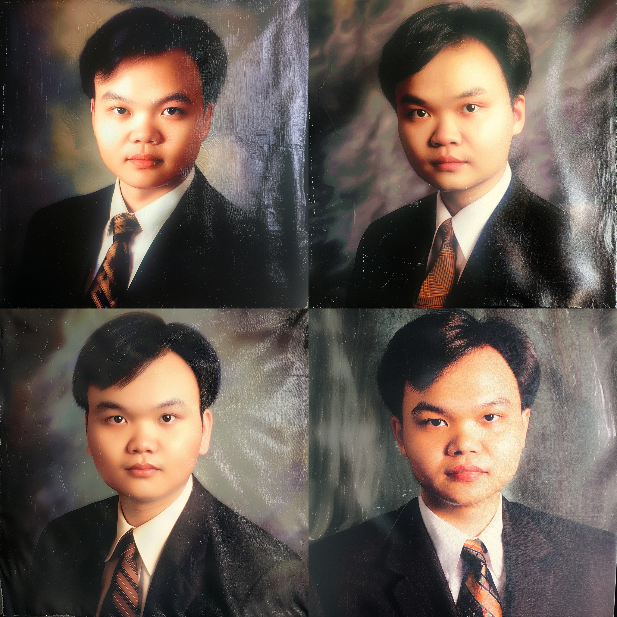 一个英俊的中国小伙子，extremely detailed oil portrait, bao pnan, early computer graphics, realistic professional photo, rich evans, wearing business suit, around 1 9 years old, portrait photo of a backdrop, raphael style, nineties nostalgia, face enhanced, ancient photograph, a colorized photo, age 3 5, ceo, inspired by fei danxu, highres, '9 0 s