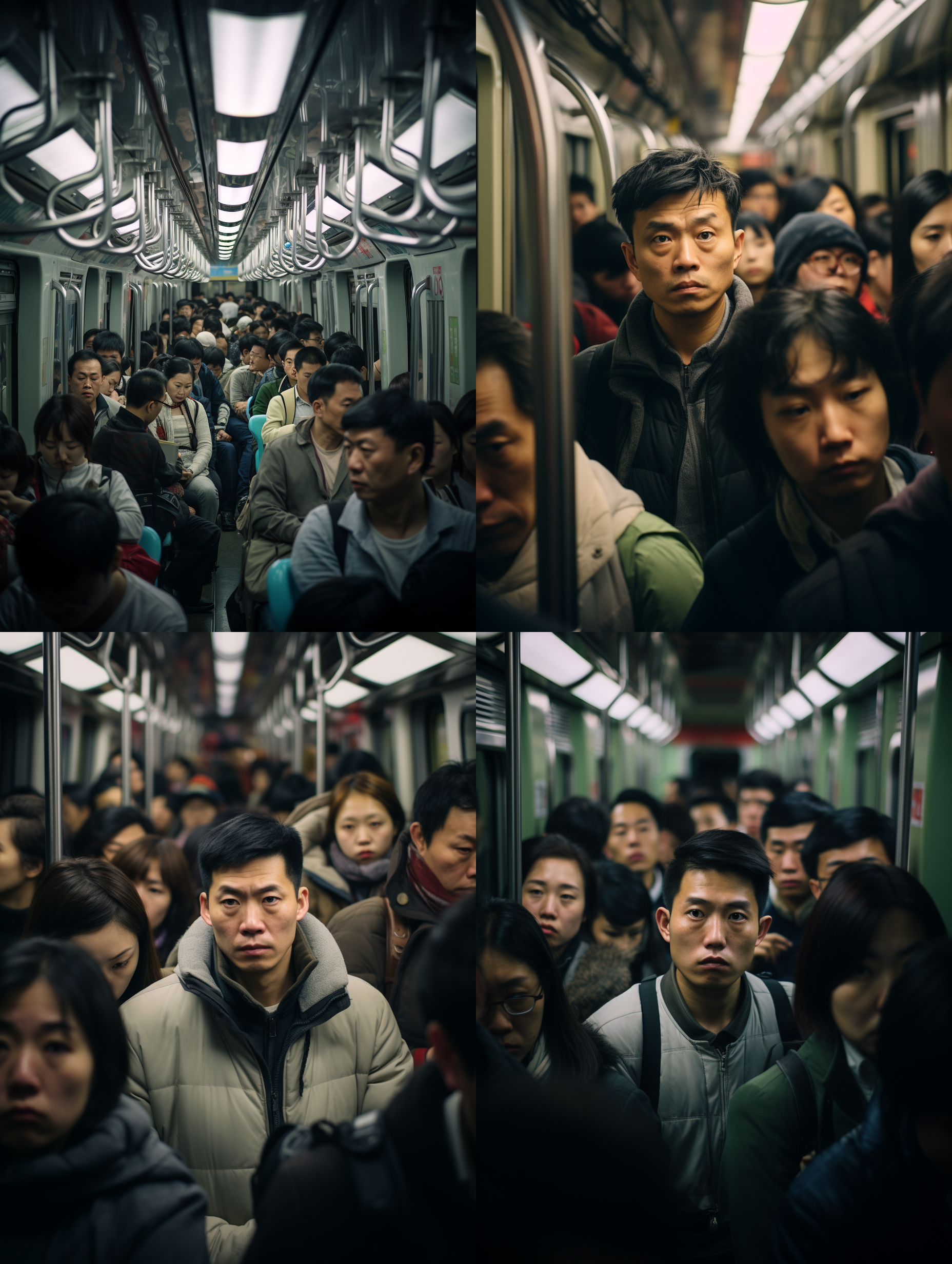 上海市的拥挤地铁车厢，人群涌动，近景拥挤，远景模糊，灯光昏暗，高iso，抓拍，彩色照片，侧逆光，匆忙，紧凑