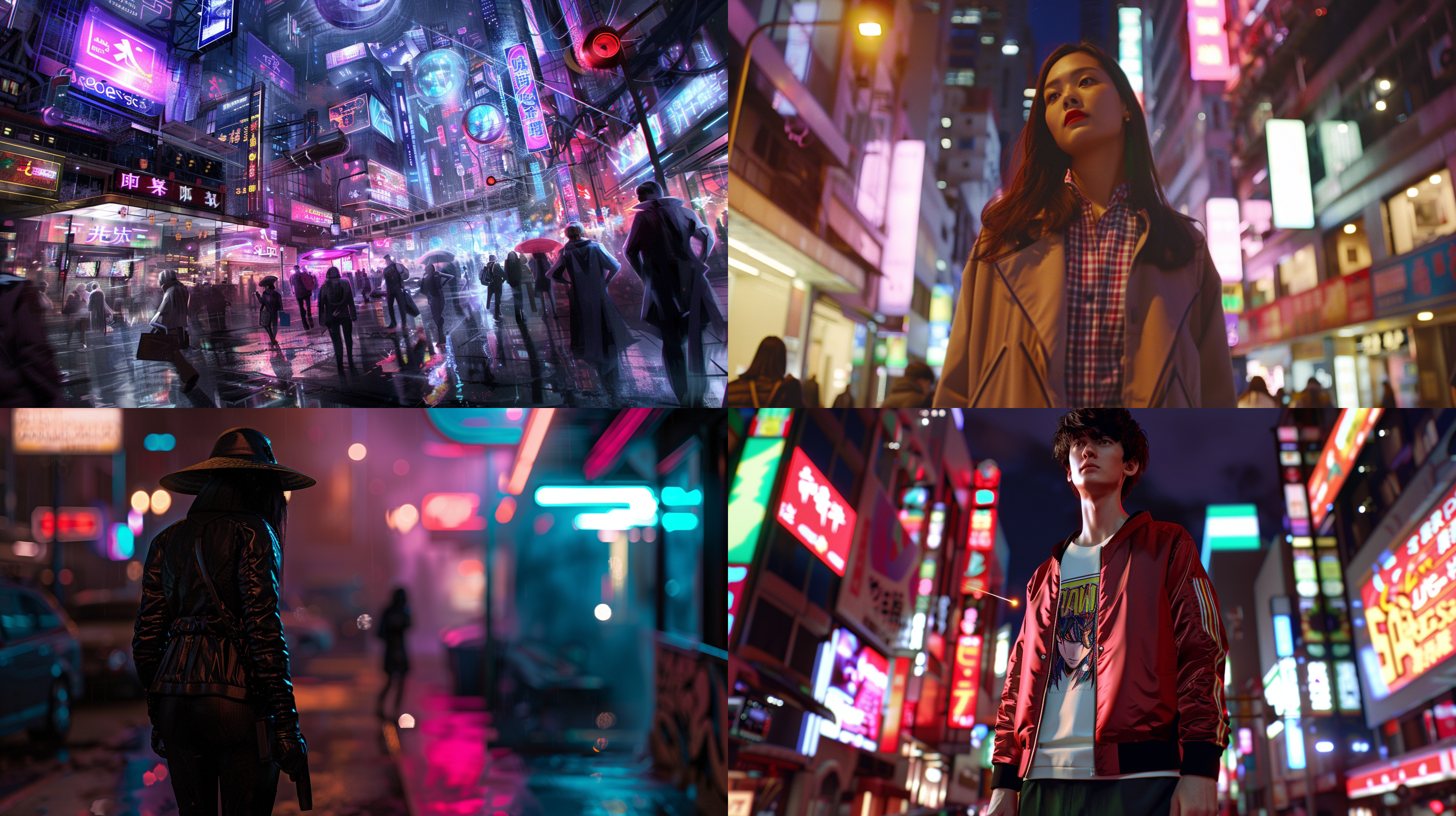 魔法科技融合，繁华都市街景，未来感远景，霓虹灯照亮，50mm定焦镜头，高细节，魔法师穿着流线型服装，深夜中行走，神秘氛围，光线投射。