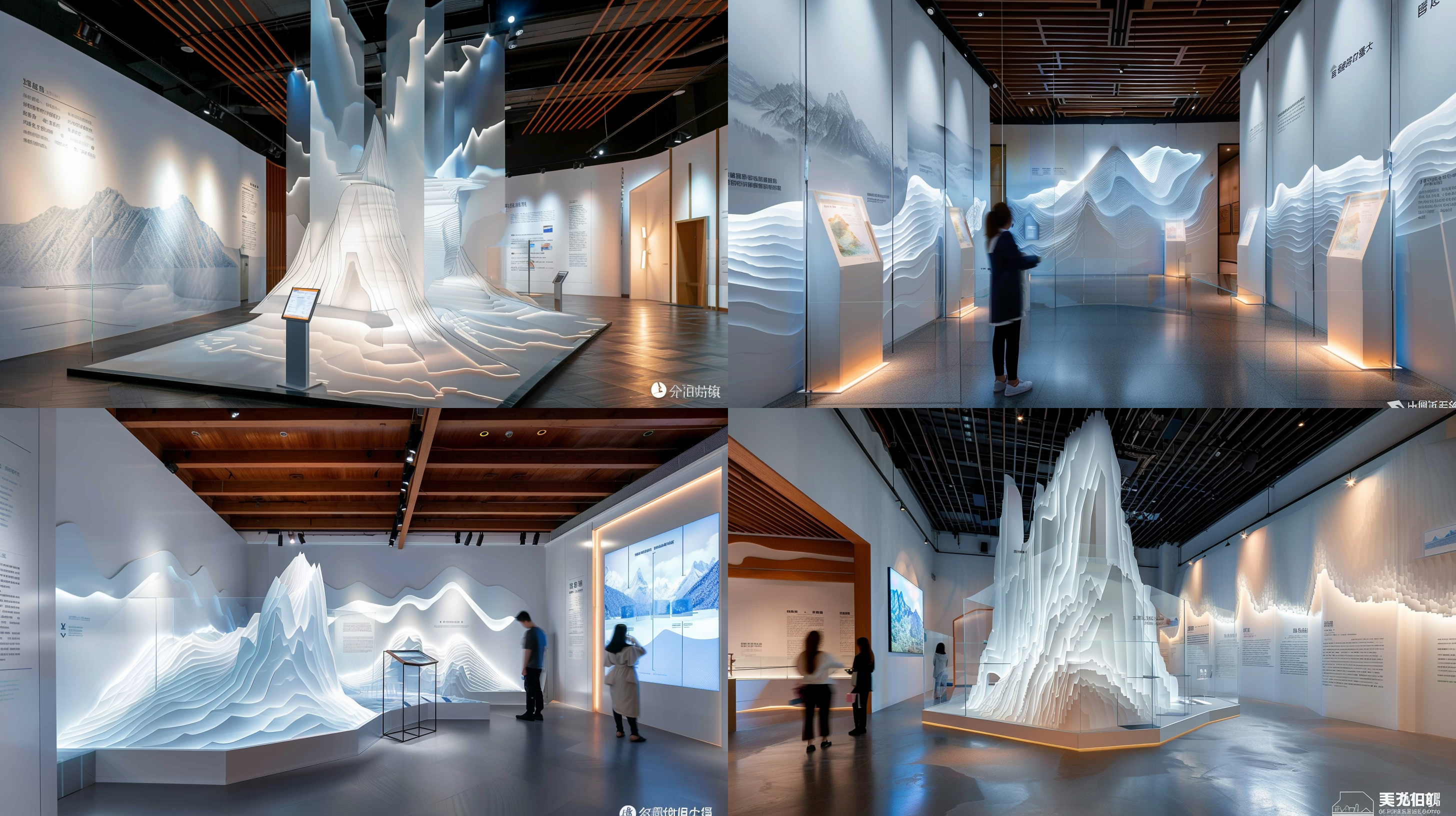 白色山形展板，半透明亚克力，竖向排列，真实效果，展厅，oc渲染，明亮灯光，细节清晰，层次感，高和度，现代风格。