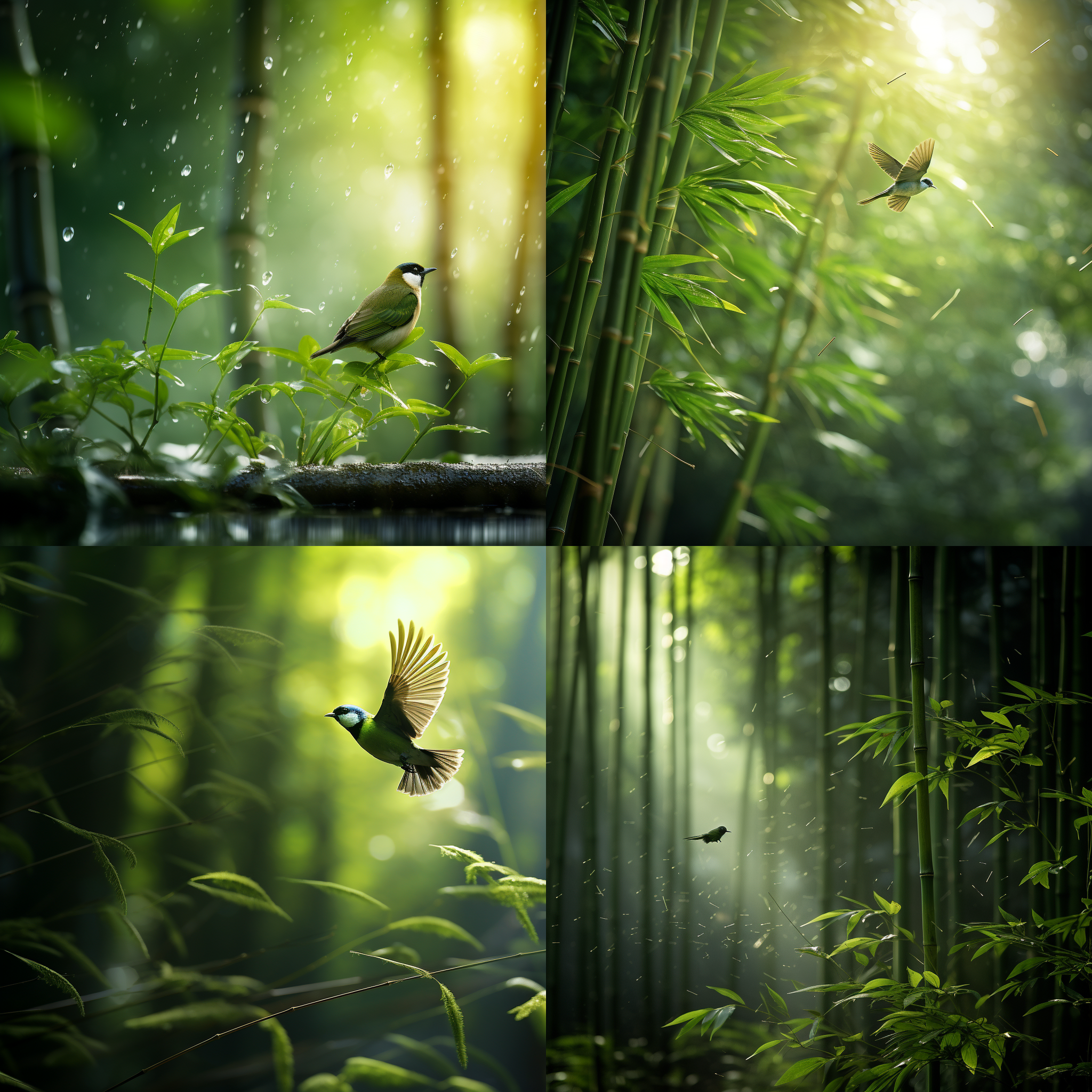 清晨竹林，雨后空气清新，一只小鸟展翅飞翔，背对镜头，逆光，绿色调，长焦镜头，自然光，飞翔，自由。