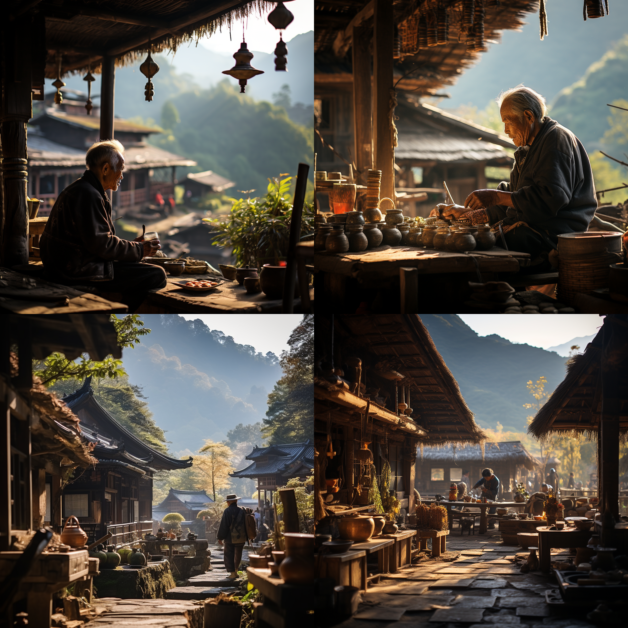 屋顶上翘，木雕精美，山水环绕，青石板路，朝阳照耀，老人坐在门前，穿着传统服装，面带微笑。古建筑，自然风光，传统文化，民族特色，温暖色调，柔和光线，静态。
