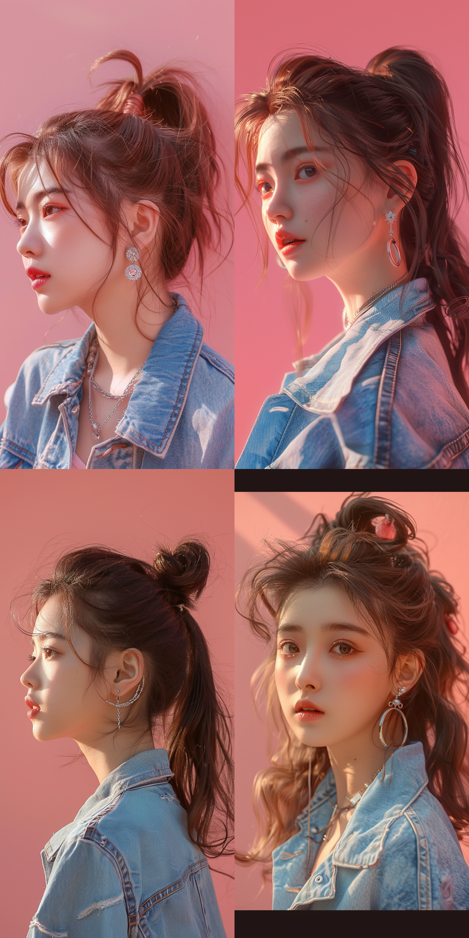 8k画质，超现实，电影效果，一个中国女孩，褐色高马尾，皮肤白皙，中国人，浅蓝色牛仔上衣，带着银耳环，银项链，真实照片，清晰细节，粉色背景，开心，阳光，时尚。