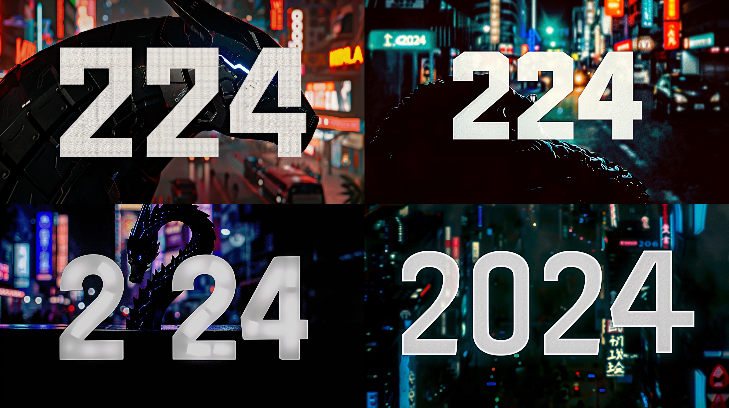 中国龙融入数字"2024"的霓虹灯光中，背景是赛博朋克风格的繁华都市，给人强烈的科幻感。龙身上的机甲装甲闪耀着未来感，50mm定焦镜头捕捉到了细节丰富的龙鳞和表情。模糊背景突出主题，色彩鲜艳，展现出力量与威严。霓虹灯光映照下，龙显得神秘而威武。
