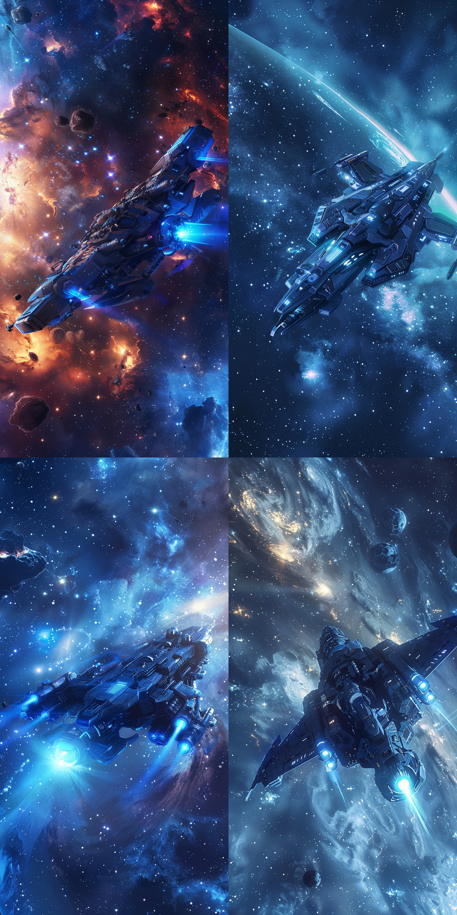 宇宙中的飞行机器人，在星空中飞行，太空环境，科幻风格，长焦镜头，蓝色光芒，细节丰富，动感飞行，金属质感，神秘色调，震撼。宇宙星空背景，恒星，8k, 杰作，超高清分辨率，