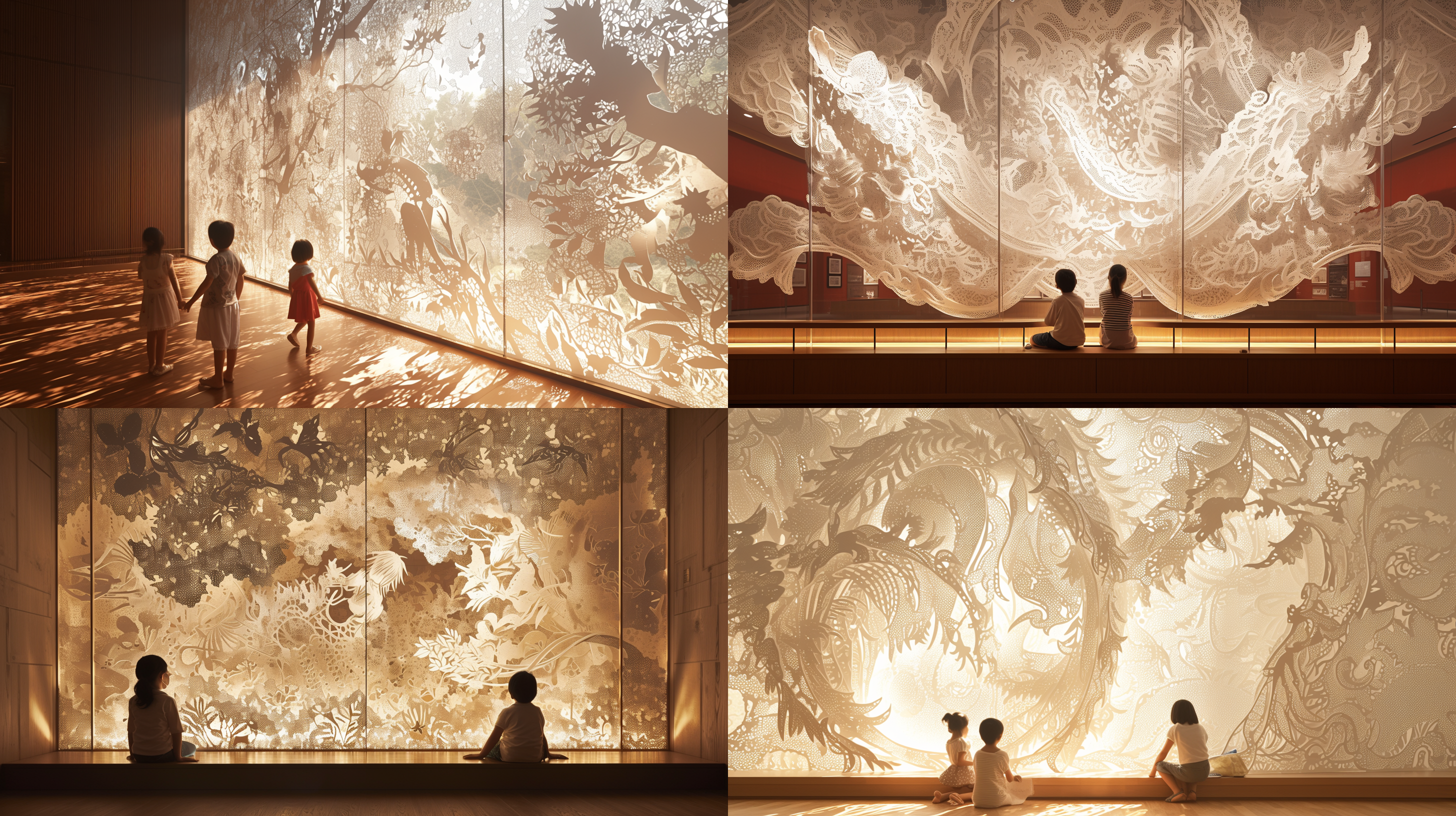 满墙白色剪纸一层一层镂空表现，层高5米，600平米非遗展厅，暖白灯光，三个小孩在展厅看展，曲线造型，广角镜头，真是质感，光线柔和，点缀红色展厅，木色展柜，暖调