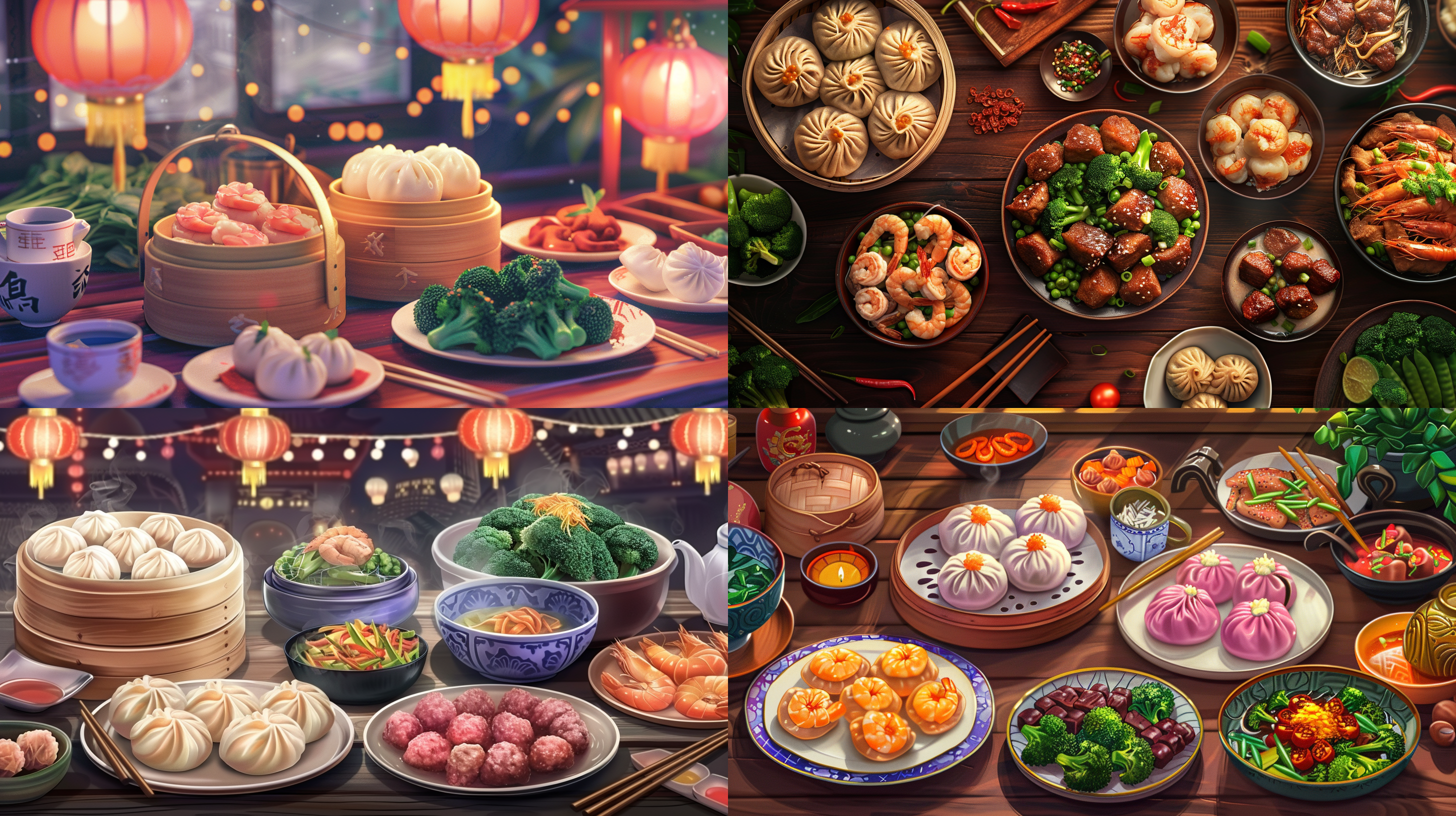 紫色的中国馒头，虾仁炒西蓝花，水煮猪肉丸子，晚上，餐桌 照片写实