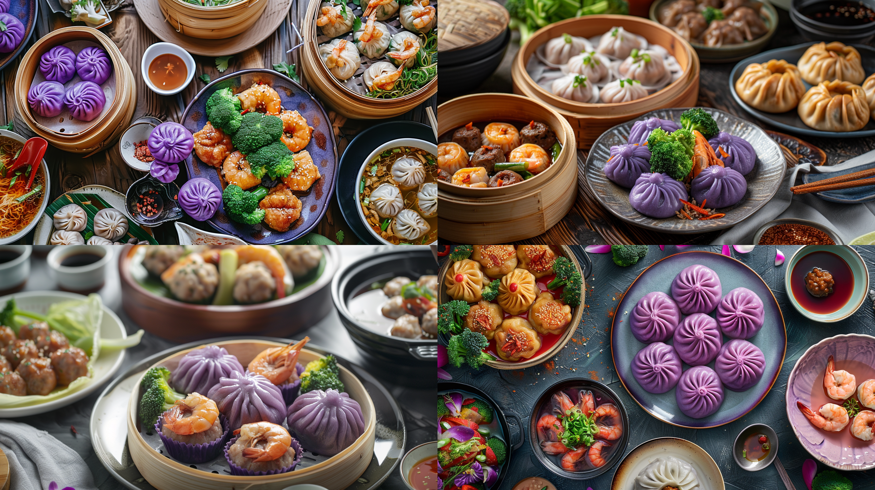 一碟紫色馒头，一碟虾仁西蓝花，一碗猪肉丸子汤， 照片写实
