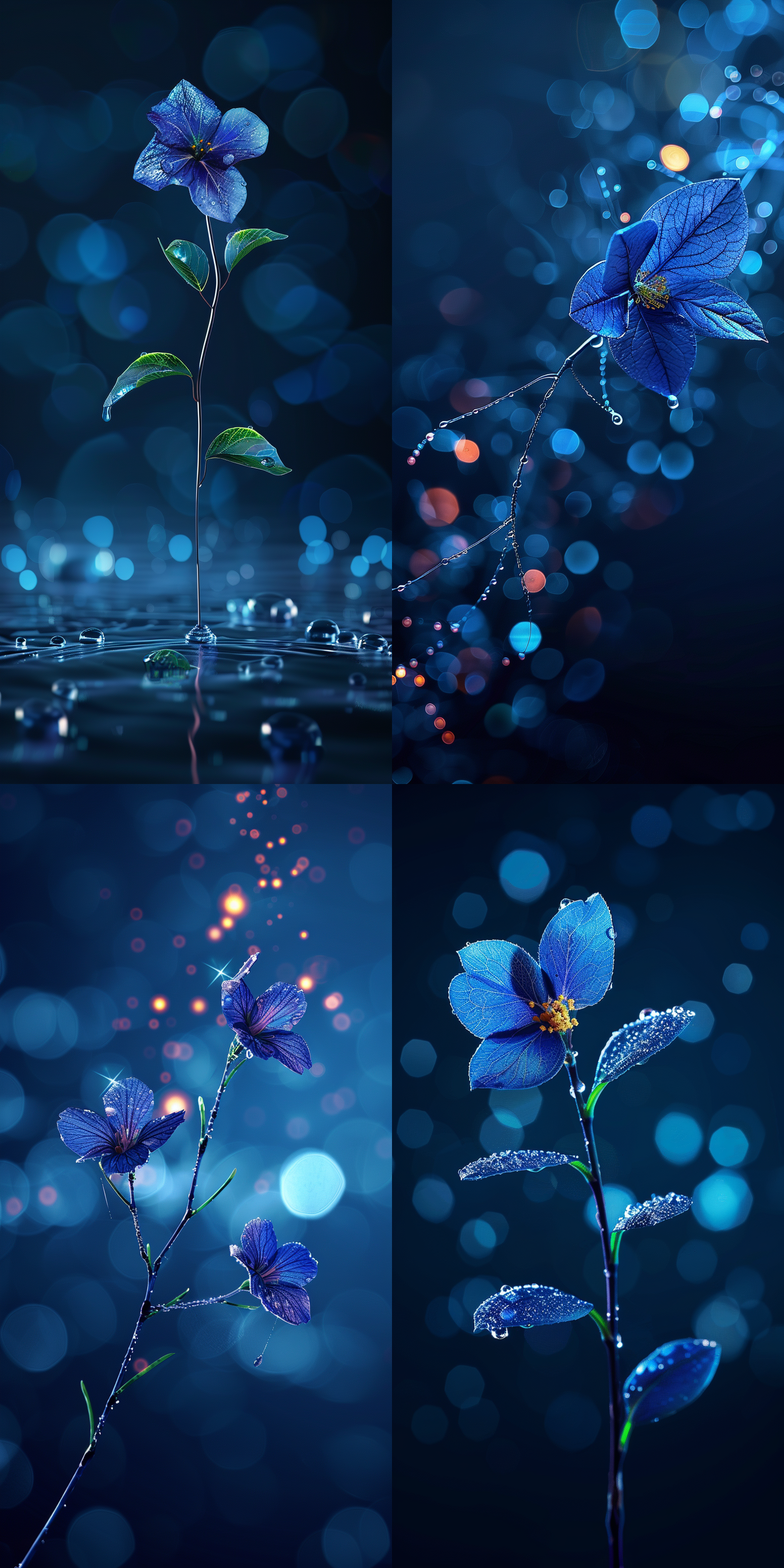 1支1叶1朵花，韵律，一滴晶莹剔透的水珠，远景，光影交错，色彩对比。