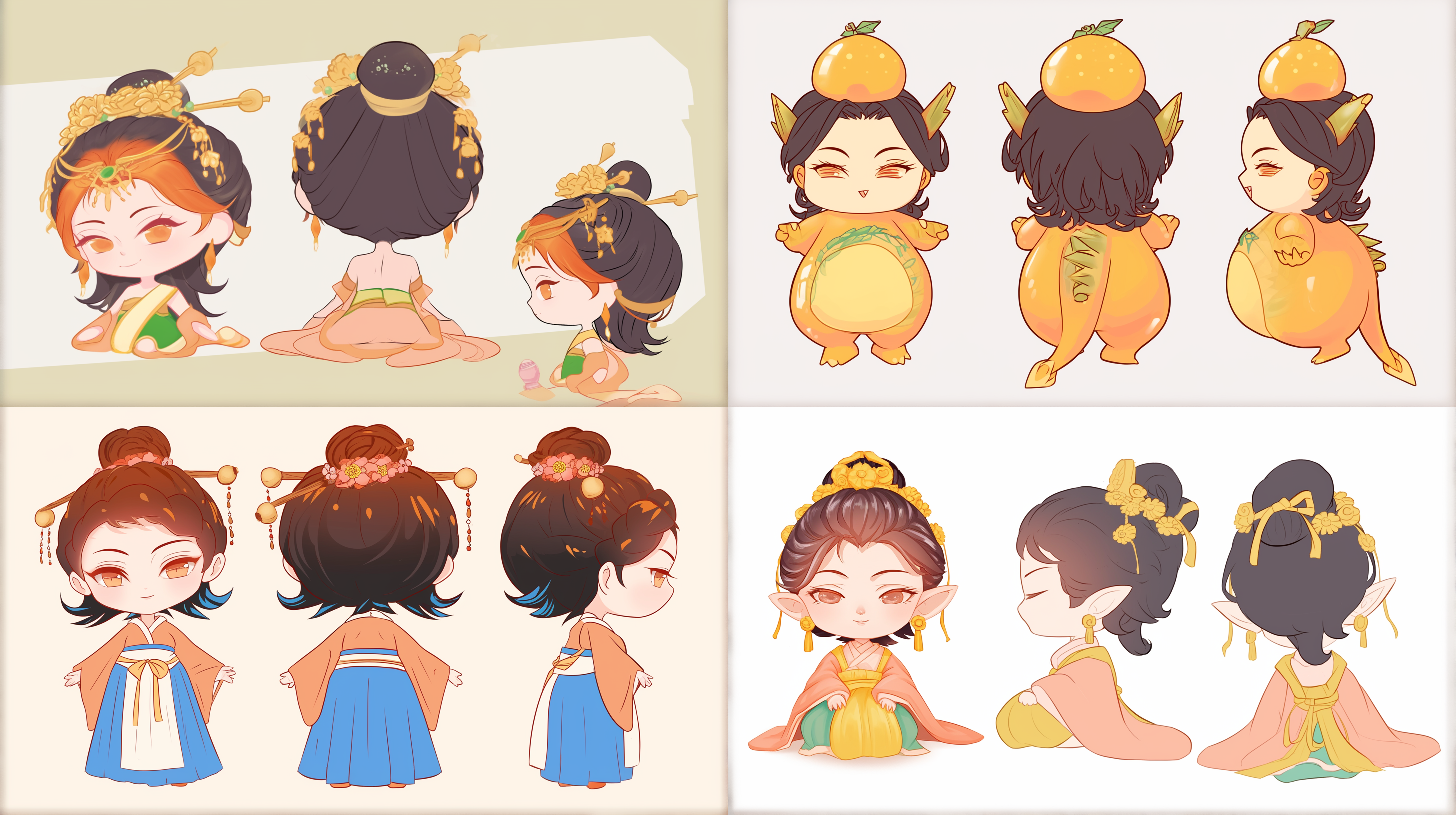 三视图，正视图，侧视图，背视图，q版，三头身，可爱，古风小女孩，花朵，糕点full body, enerate three views, namely the front view the side view abd the back view, super cute girl ip by pop mark, colorful, plastict ransparent, soft lighting, glowing body,mockup, blind box toy,fine luster,clean background, 3d render, oc render, best quality 4k, ultra detailed, crazy details