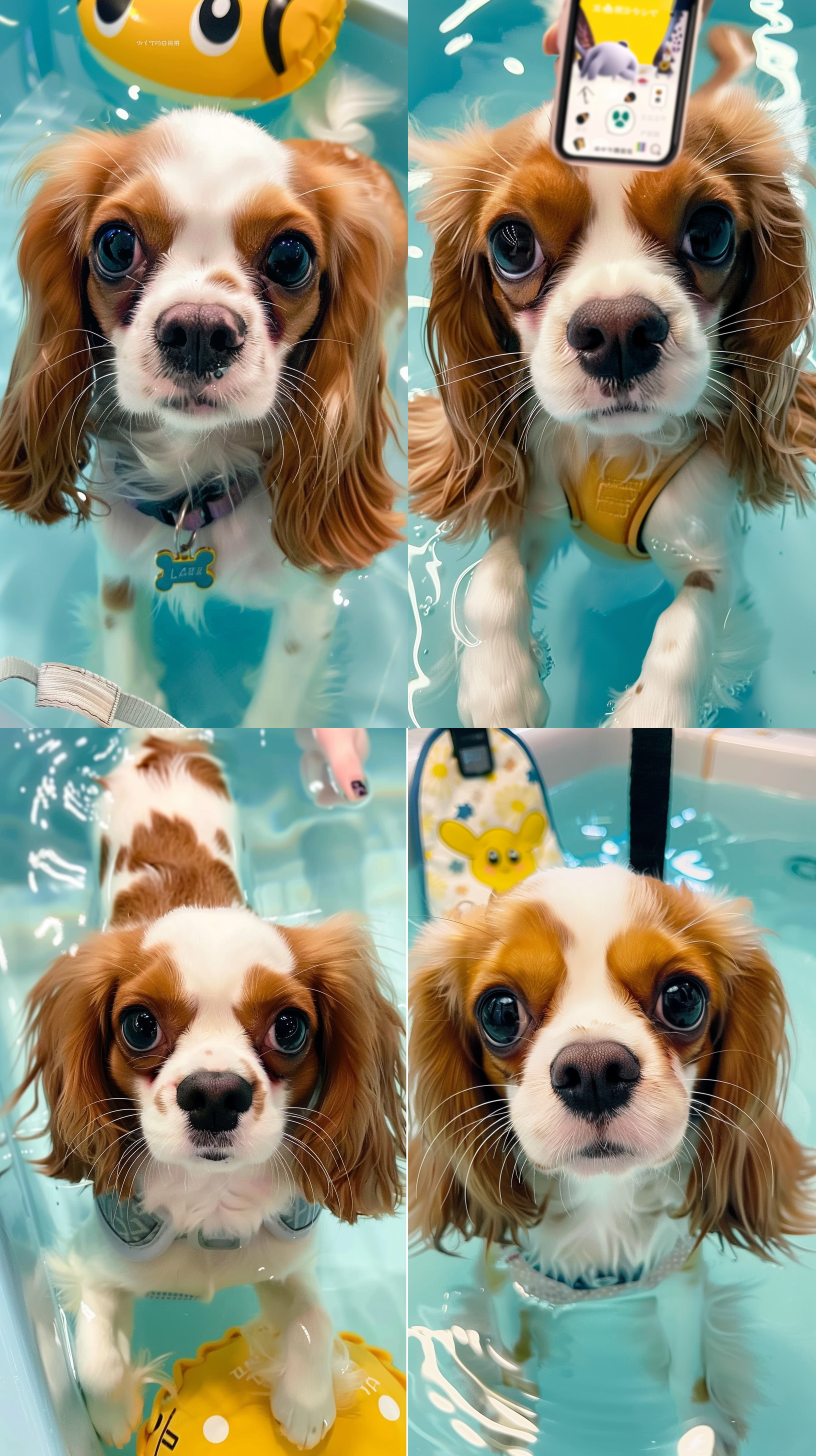 一只查理王小猎犬狗漂浮在蓝色的一团水里，猫脸部有对称的蓝色，中间是白色，背部是蓝色，肚皮和四肢是白色，背对着，清澈透明的水，淡白色和绿松石，浅海蓝宝石，千年虫的审美，柔软而梦幻，流行instagram，高水平的细节，逼真的照片感觉- 图片比例9:16