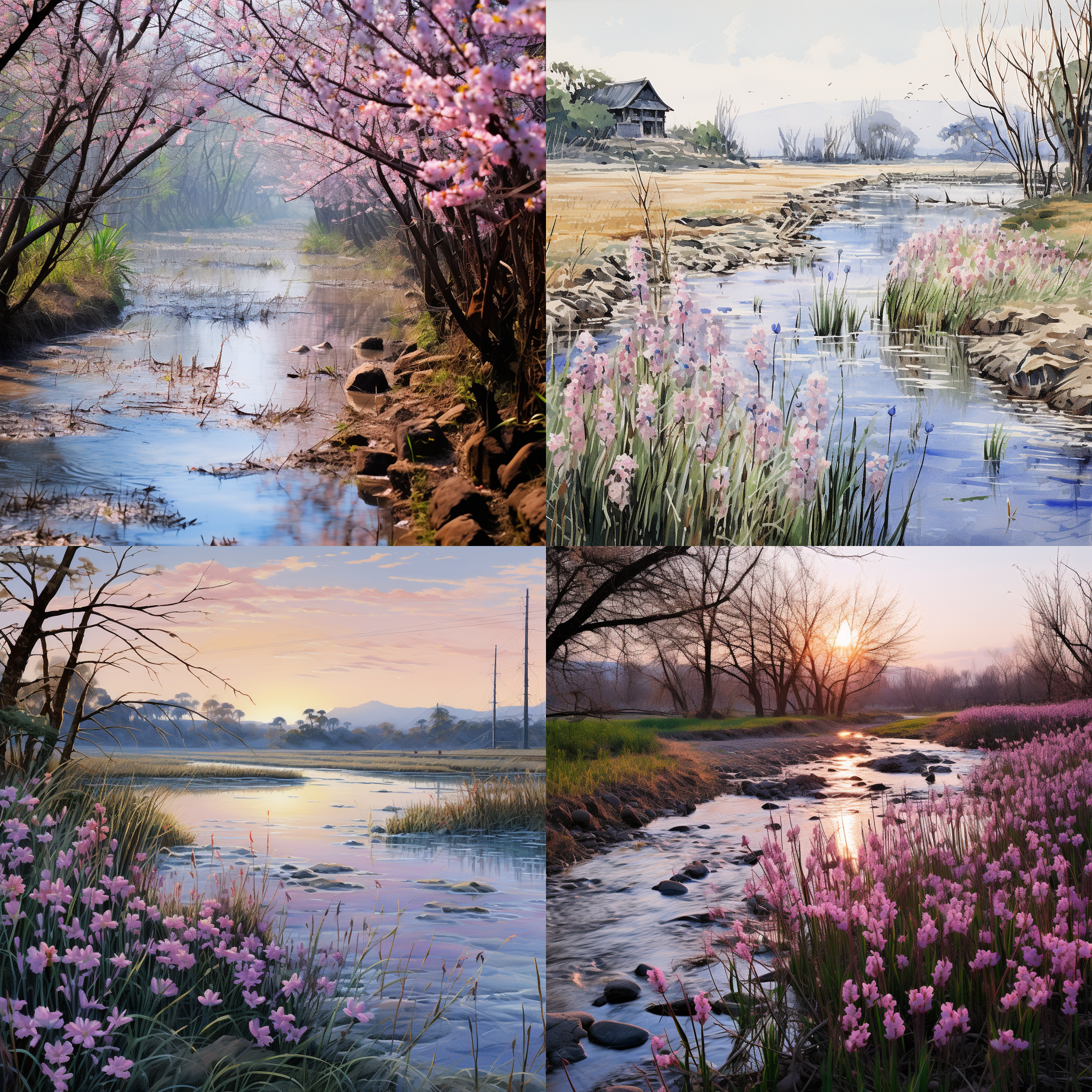 a few peach blossoms outside the bamboo grove, with the spring river gradually warming up, indicating the arrival of spring. the fields are covered with pickerelweed, while the reeds are short and sparse. this is the time when the river turtles are about to swim upstream. the scene captures the essence of early spring, with the vibrant colors and lively textures of the flowers and plants