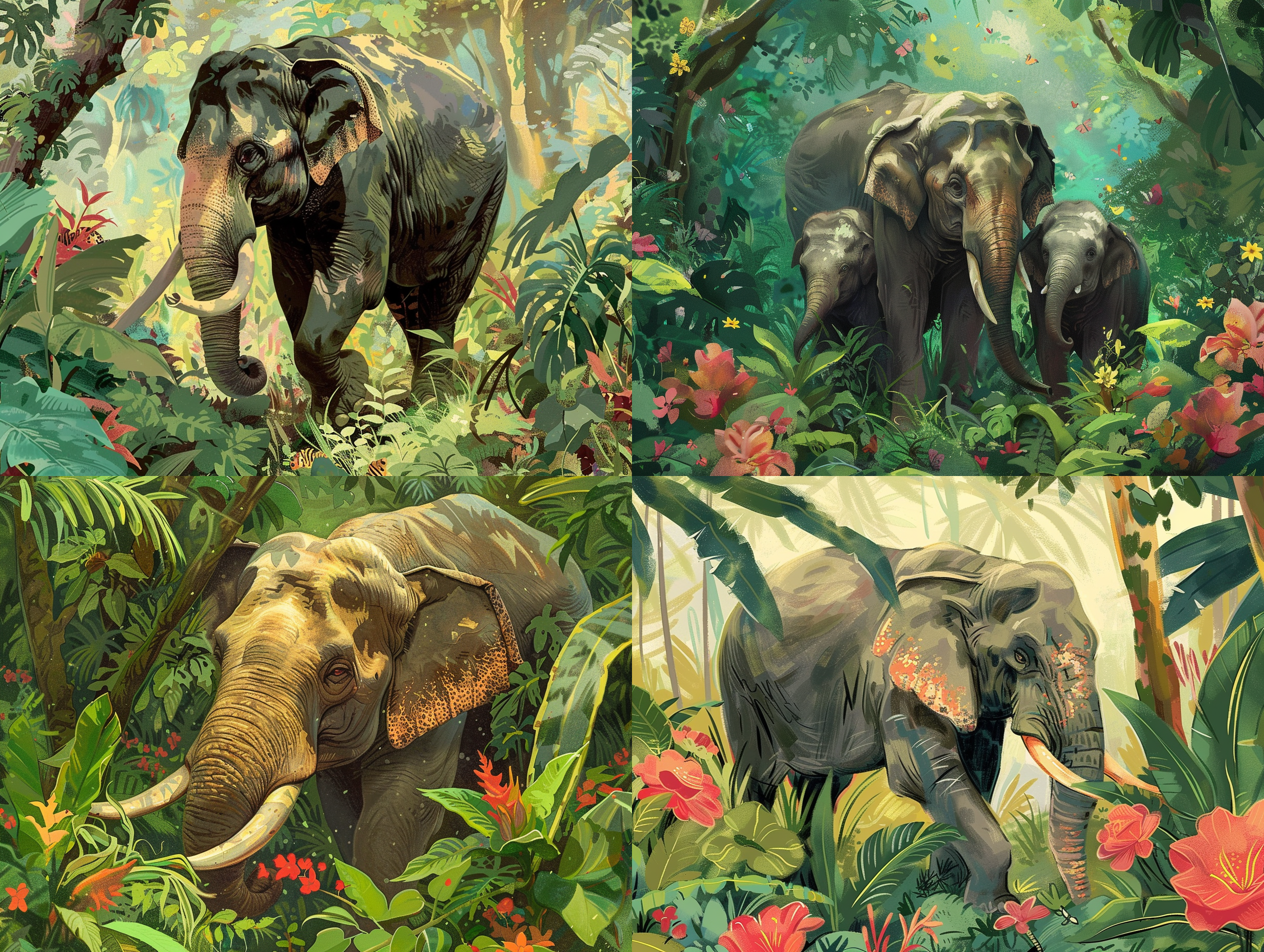 asian elephants, children's book illustrations, plants and animals the tropical jungle, a bright color, close-ups, hyper-detail, be expressive