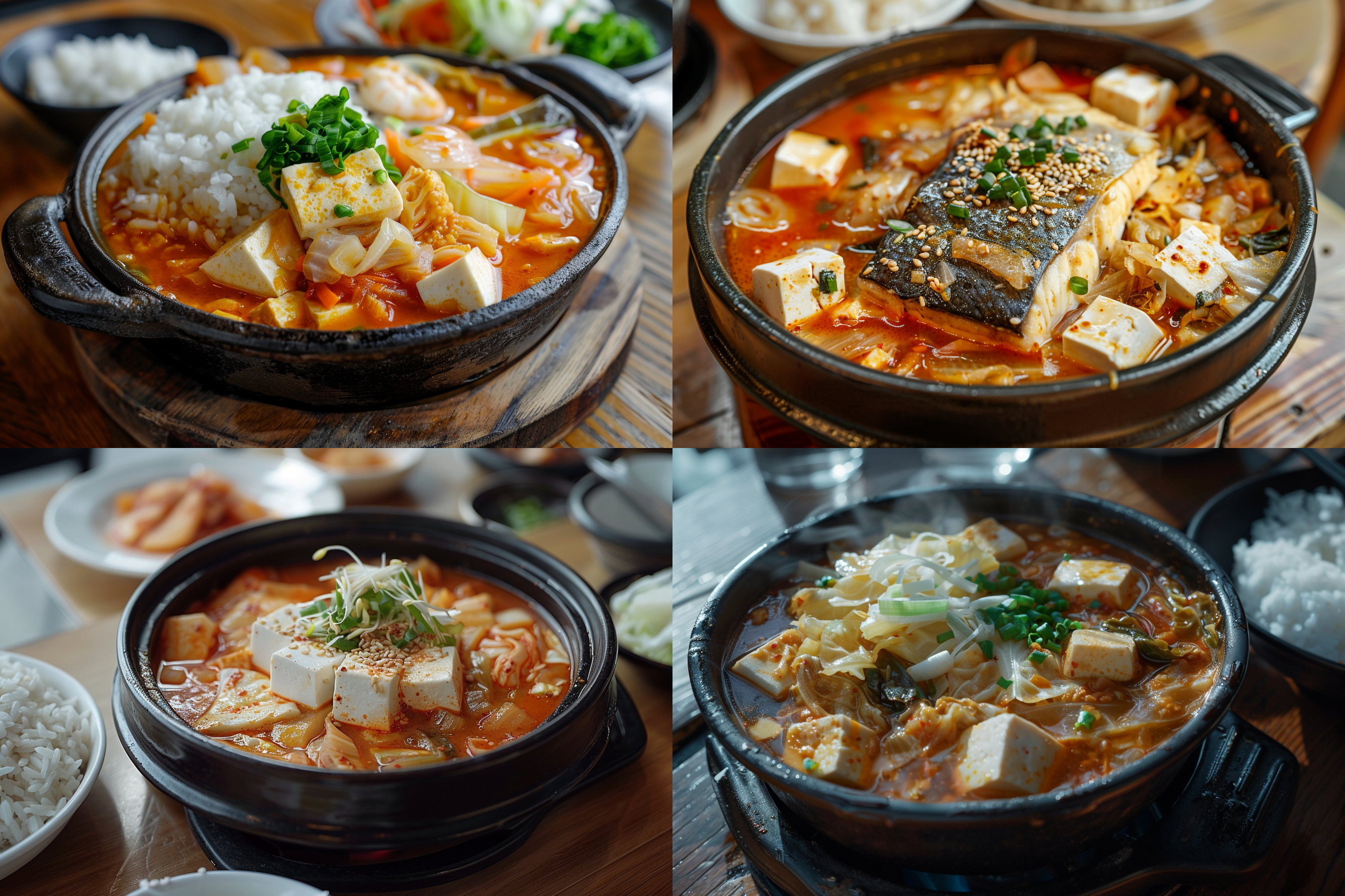 一碗米饭，炖鱼白豆腐白菜在铁锅里，白天，餐桌 照片写实