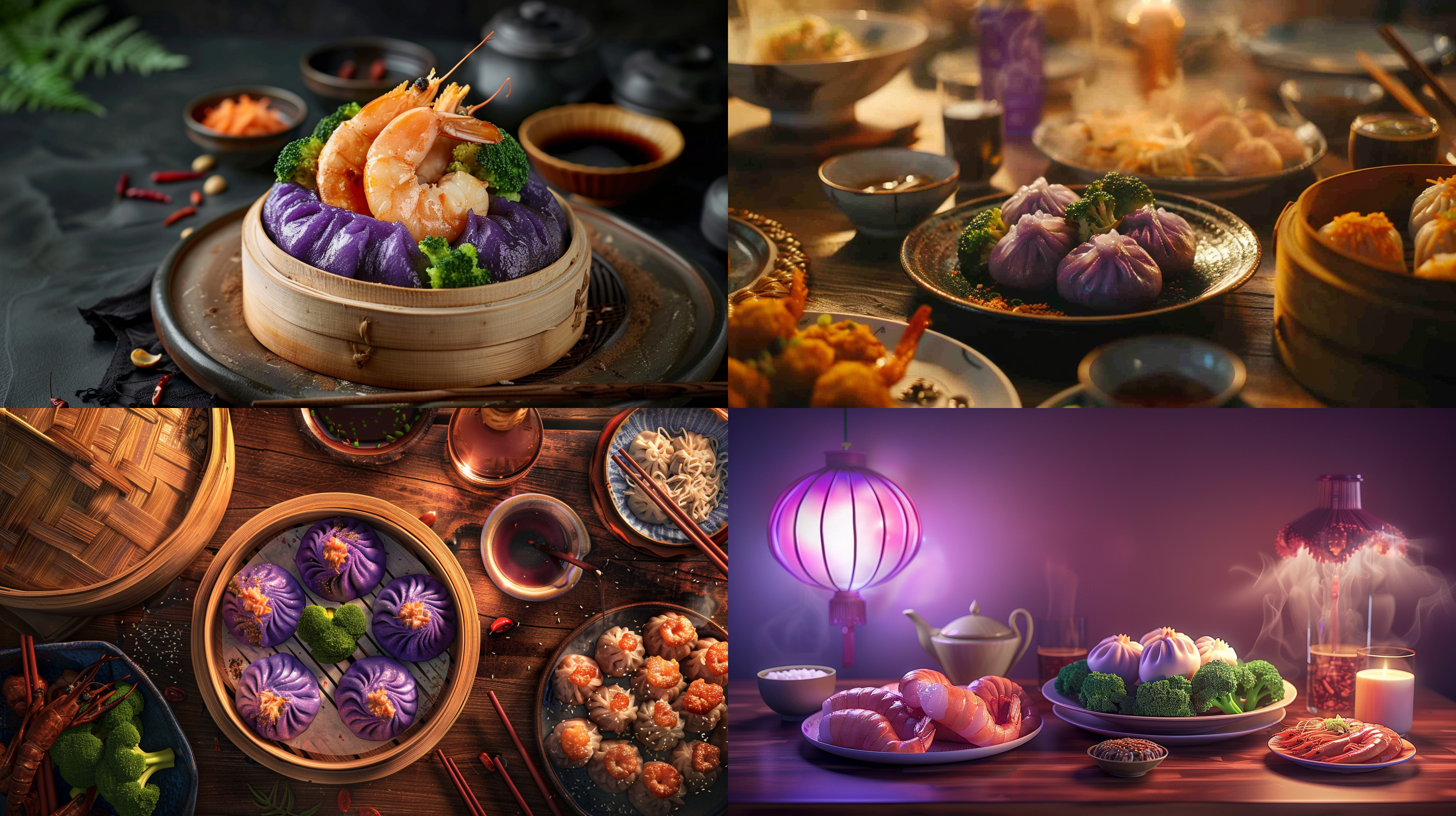紫色馒头，虾仁西蓝花，猪肉丸子，晚上，餐桌 照片写实
