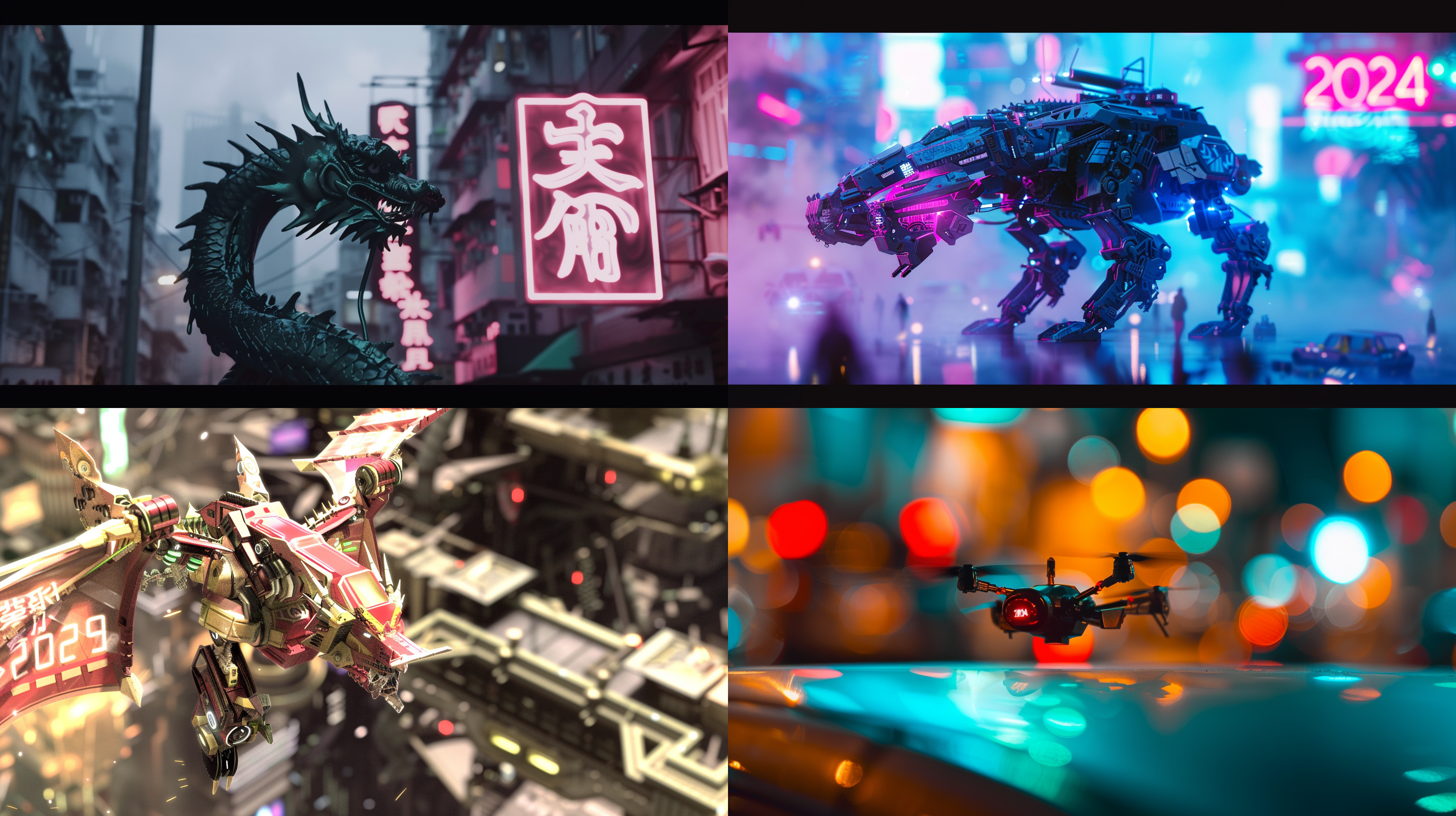 中国龙，数字"2024"机甲，赛博朋克，机甲，科幻，模糊繁华都市背景，未来感，霓虹灯光，50mm定焦镜头，