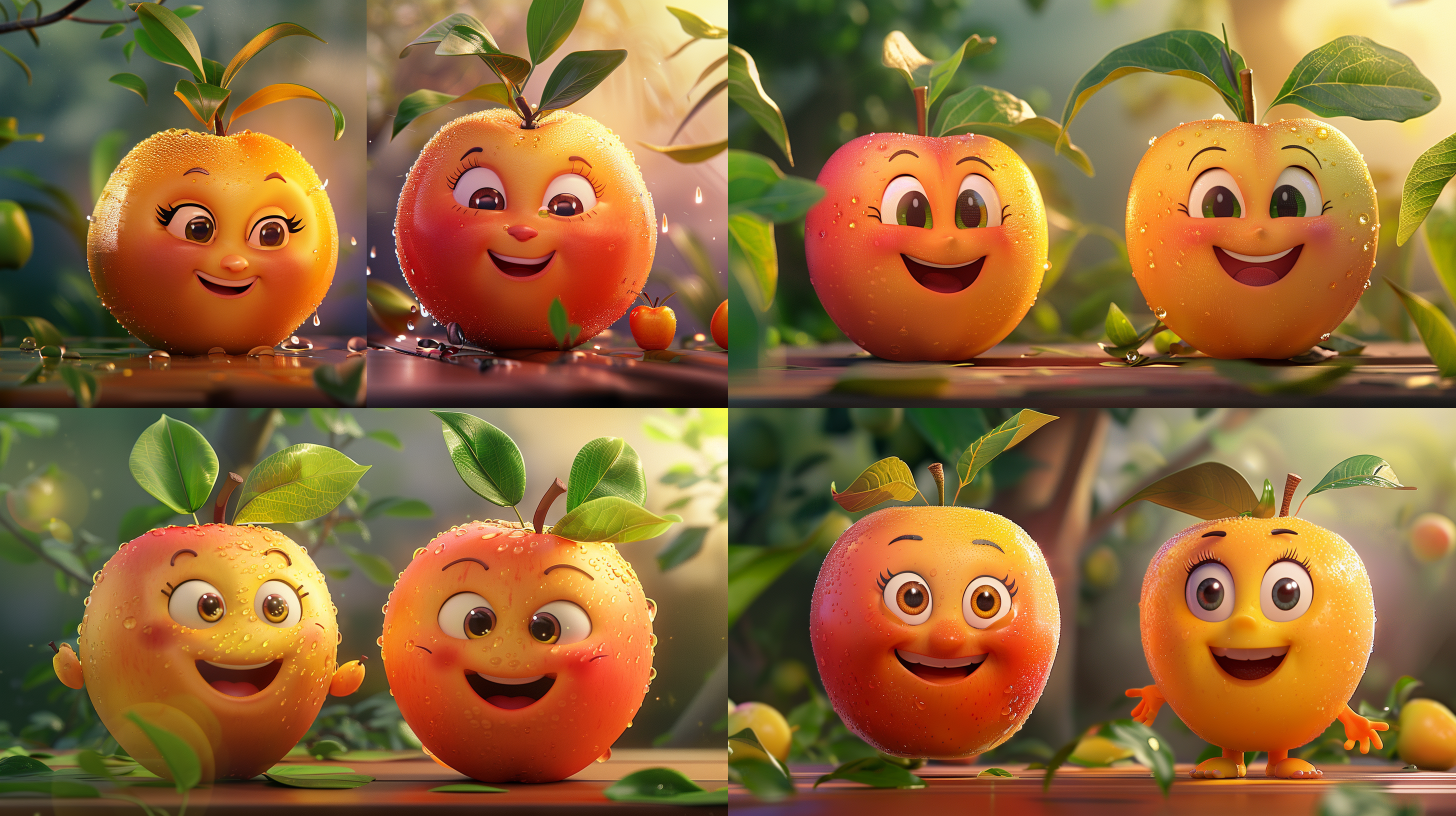 苹果拟人化，可爱表情，清新氛围，色彩丰富，大特写，明亮灯光，生动活泼，调皮，多元素，童趣，彩色调，反推，sref