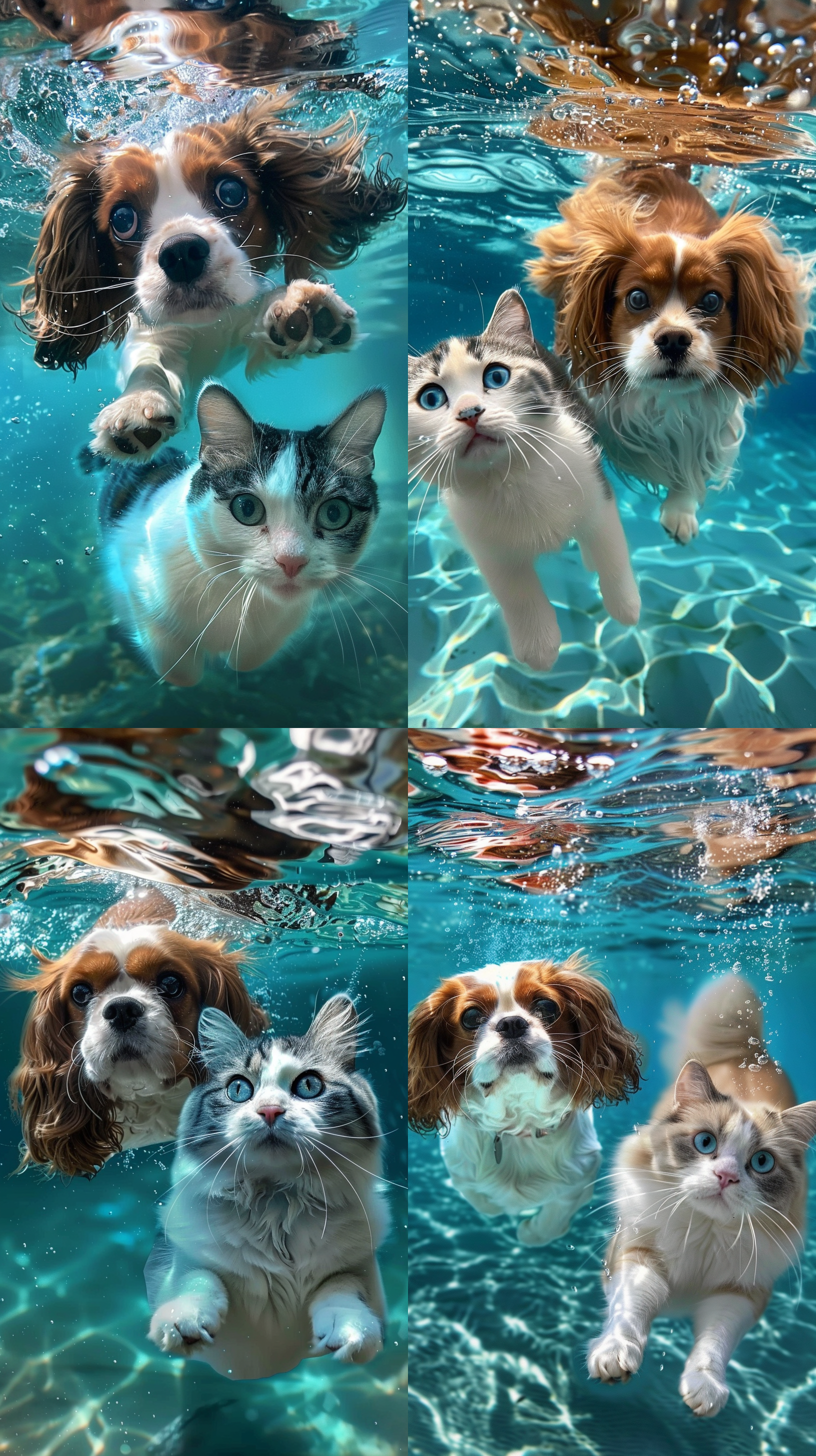 一只查理王小猎犬狗和一只加白的蓝猫英短漂浮在蓝色的一团水里，猫脸部有对称的蓝色，中间是白色，背部是蓝色，肚皮和四肢是白色，背对着，清澈透明的水，淡白色和绿松石，浅海蓝宝石，千年虫的审美，柔软而梦幻，流行instagram，高水平的细节，逼真的照片感觉- 图片比例9:16