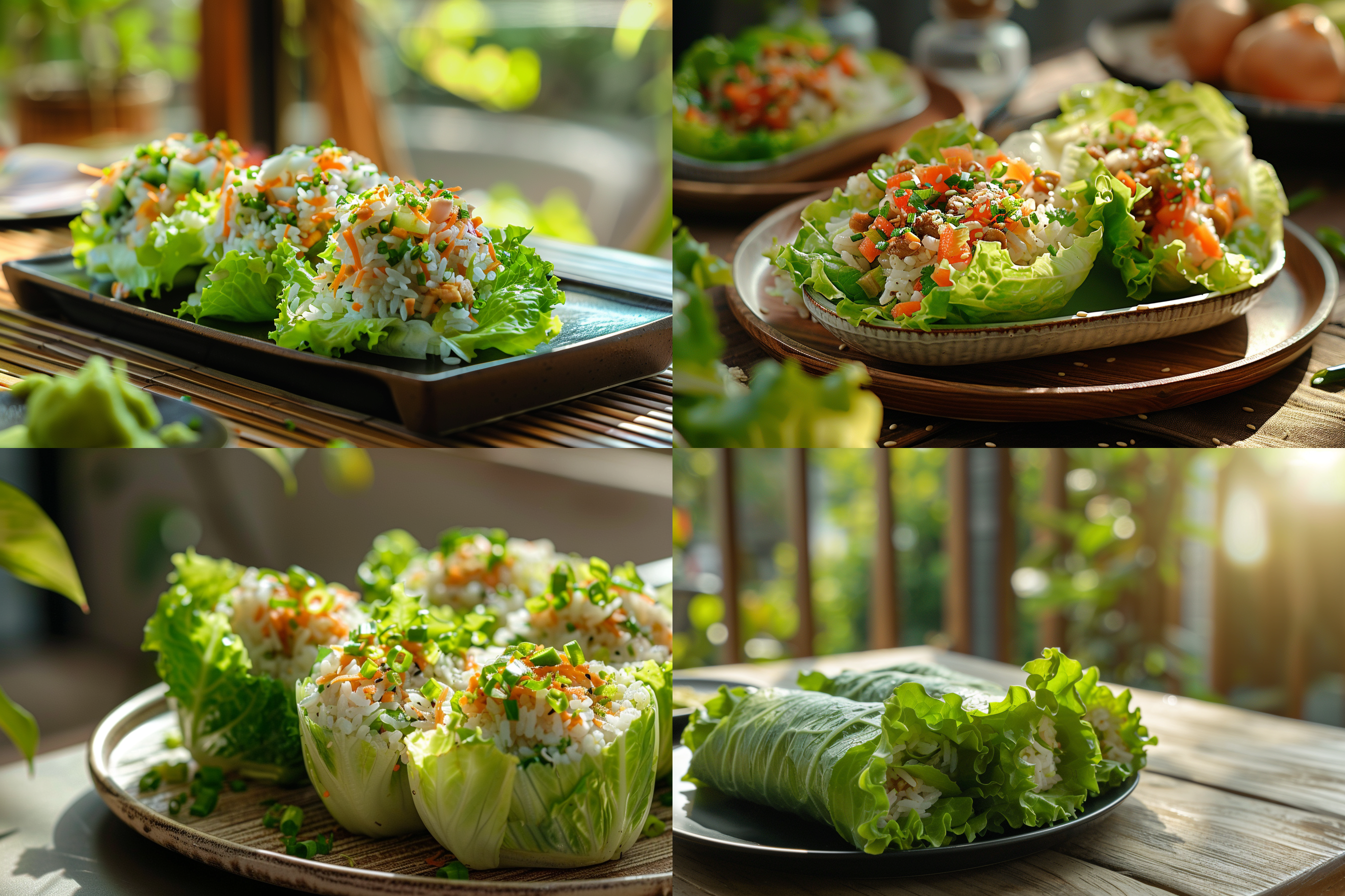 生菜包饭，白天，餐桌 照片写实