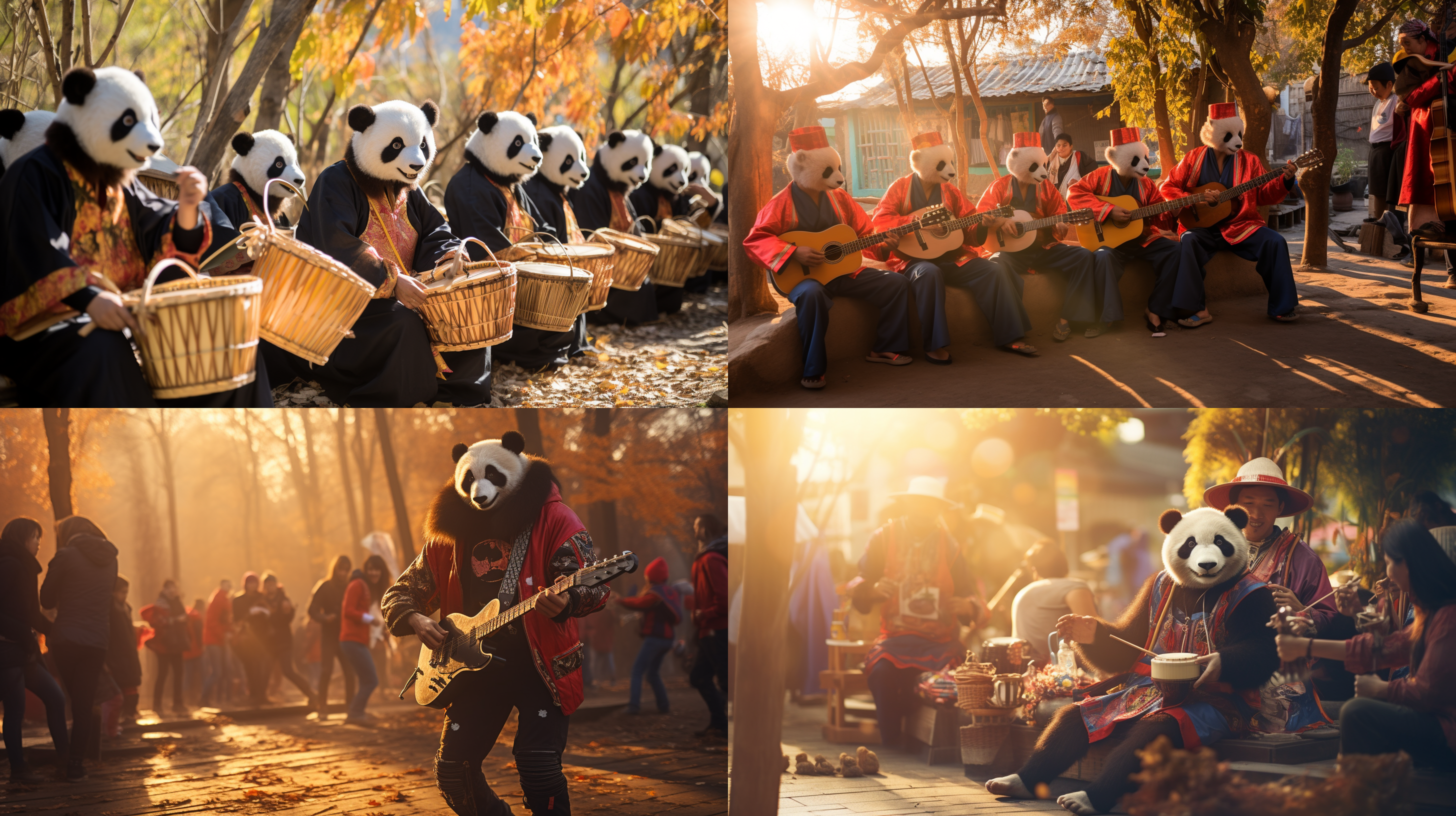 熊猫乐队，竹林中，夕阳下，音乐会，动感，欢快，现场表演，细节丰富，模糊背景，低曝光，喜庆气氛，彩色摄影，表情深情，合奏，和谐。