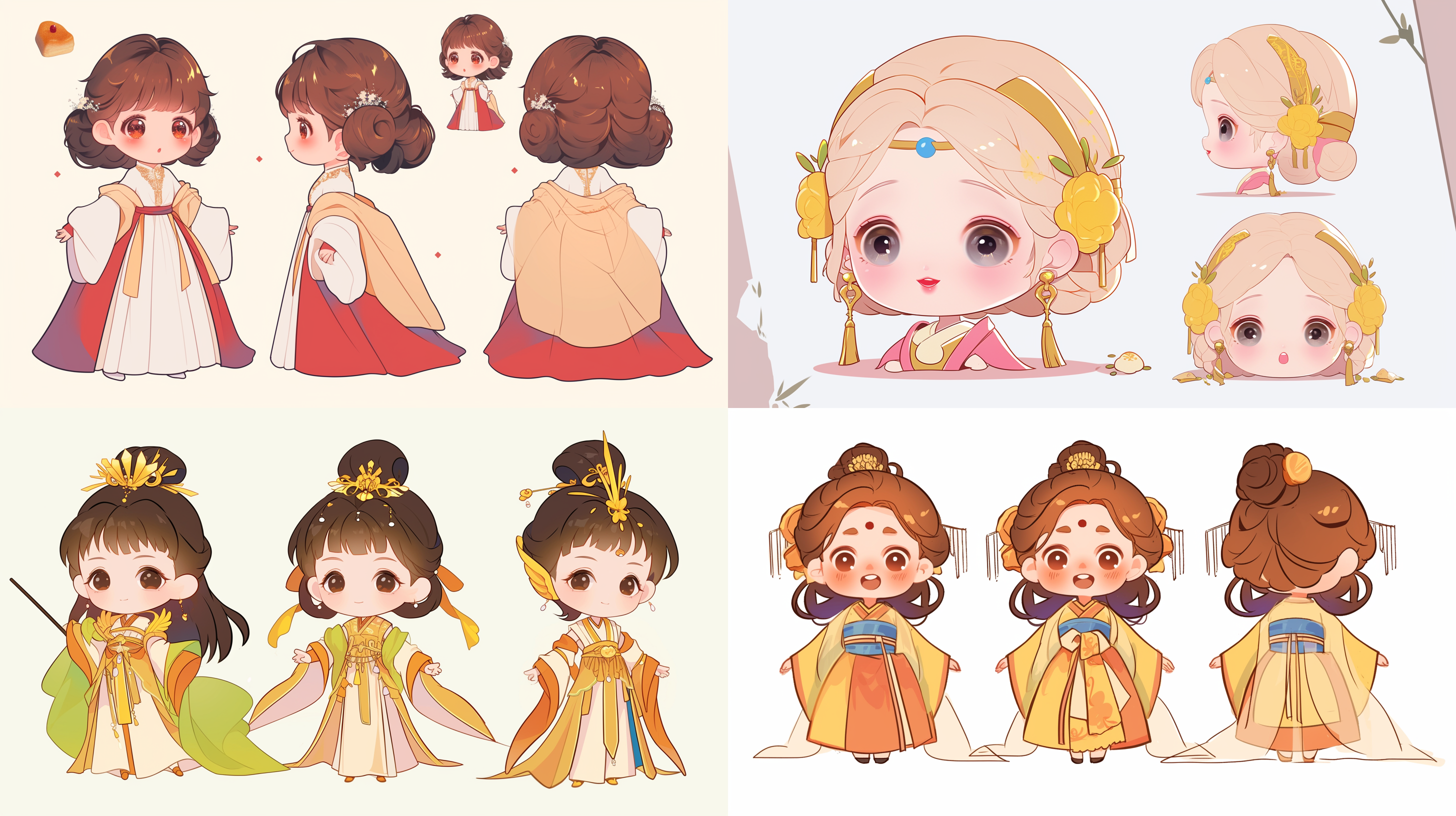 三视图，正视图，侧视图，背视图，q版，三头身，可爱，古风小女孩，花朵，糕点full body, enerate three views, namely the front view the side view abd the back view, super cute girl ip by pop mark, colorful, plastict ransparent, soft lighting, glowing body,mockup, blind box toy,fine luster,clean background, 3d render, oc render, best quality 4k, ultra detailed, crazy details