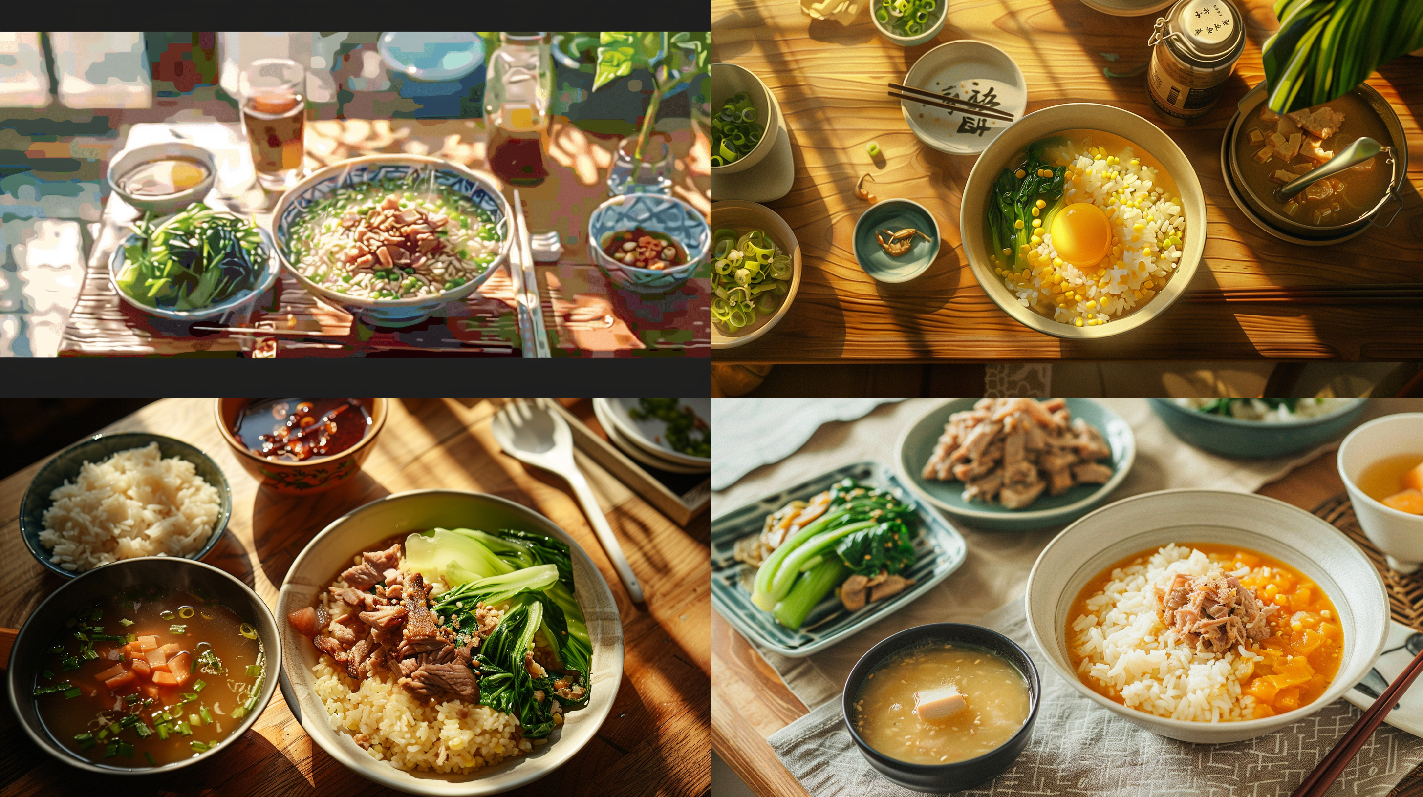 一碗芡实玉米饭，一碟炒肉丝，蒜蓉娃娃菜，虾皮冬瓜还带汤，中午，餐桌 照片写实