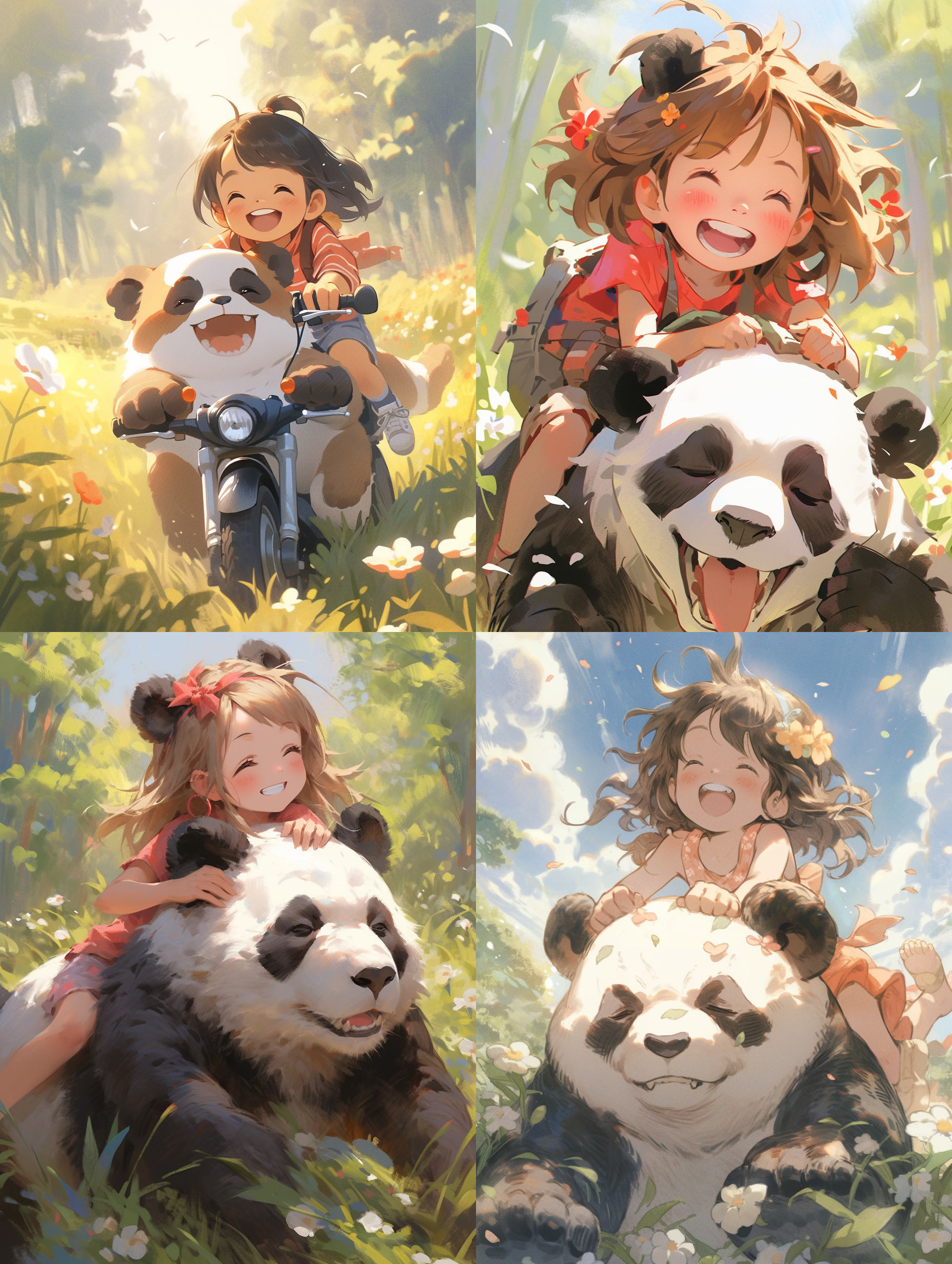 小女孩骑大熊猫，森林环境，唯美色彩，幸福笑容，五彩缤纷，鲜花点缀，蓝天白云，快门捕捉，自然光，长焦镜头，童趣，活泼。