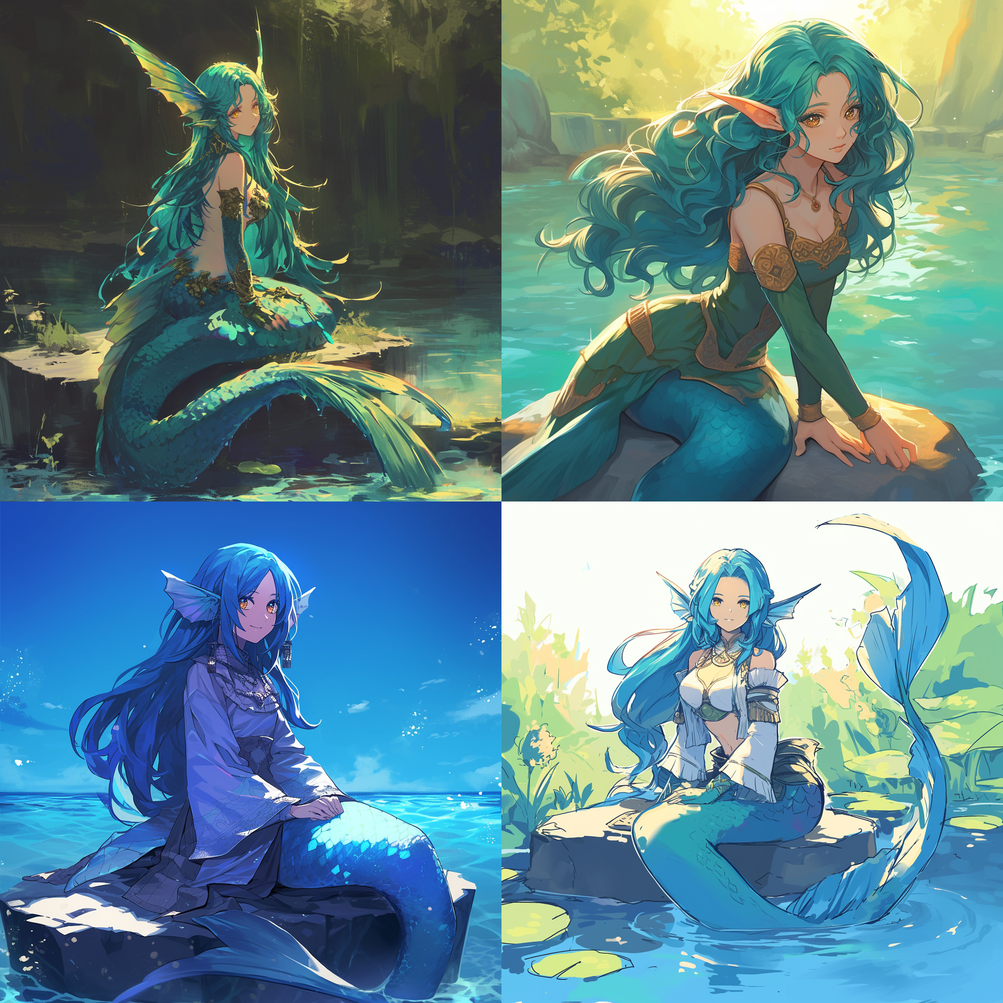 mermaid girl, sitting on a stone in the center of the lake, with flowing blue hair, golden big eyes, pointed ears, comic style, 13th century clothing, direct view lens, 16:9 aspect ratio, ambient lighting.