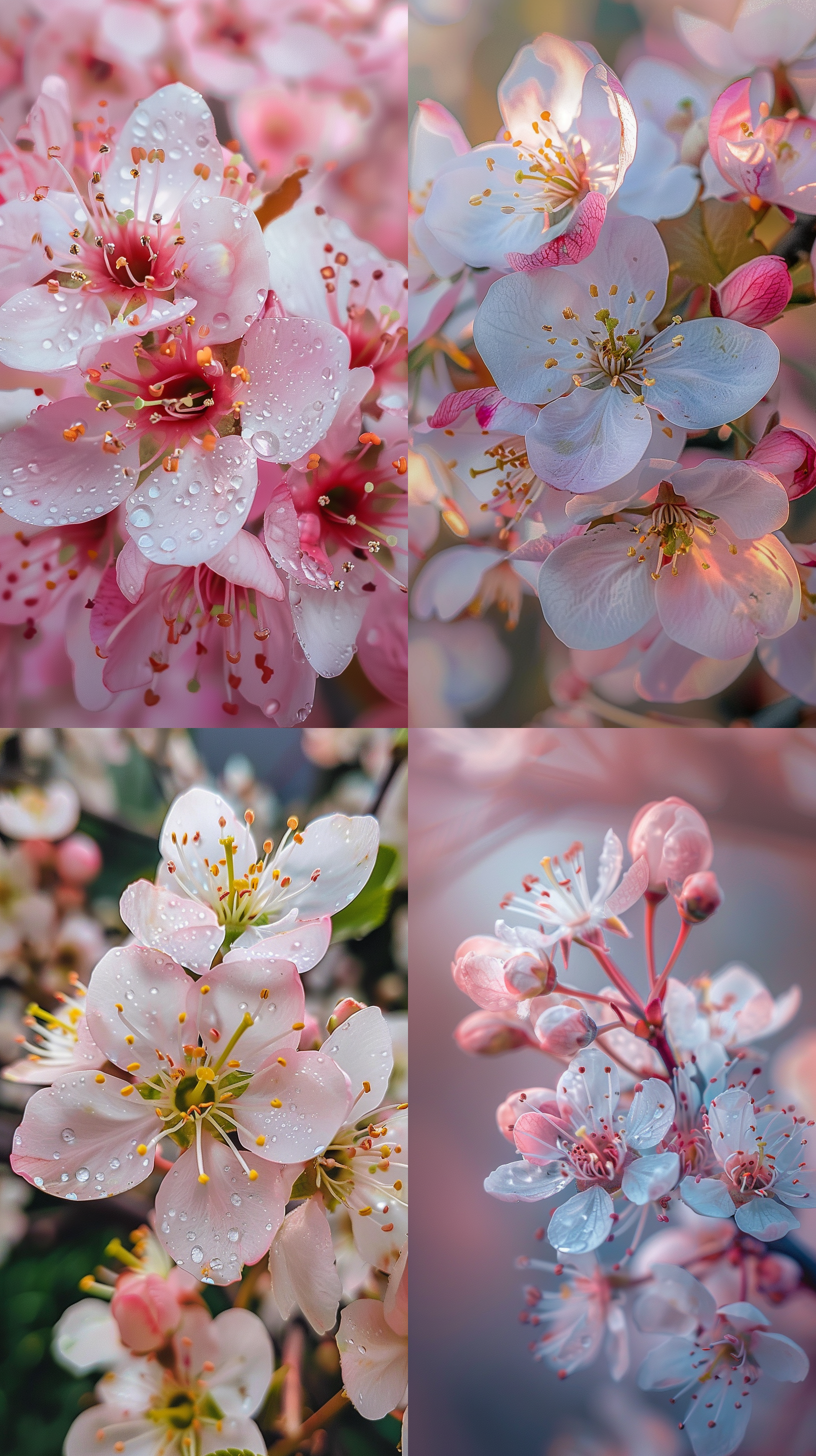 梨花盛开，细节特写，自然环境，广角镜头，微距摄影，精致，瑰丽色彩，柔和光线，静态，自然元素，粉色调，优雅。