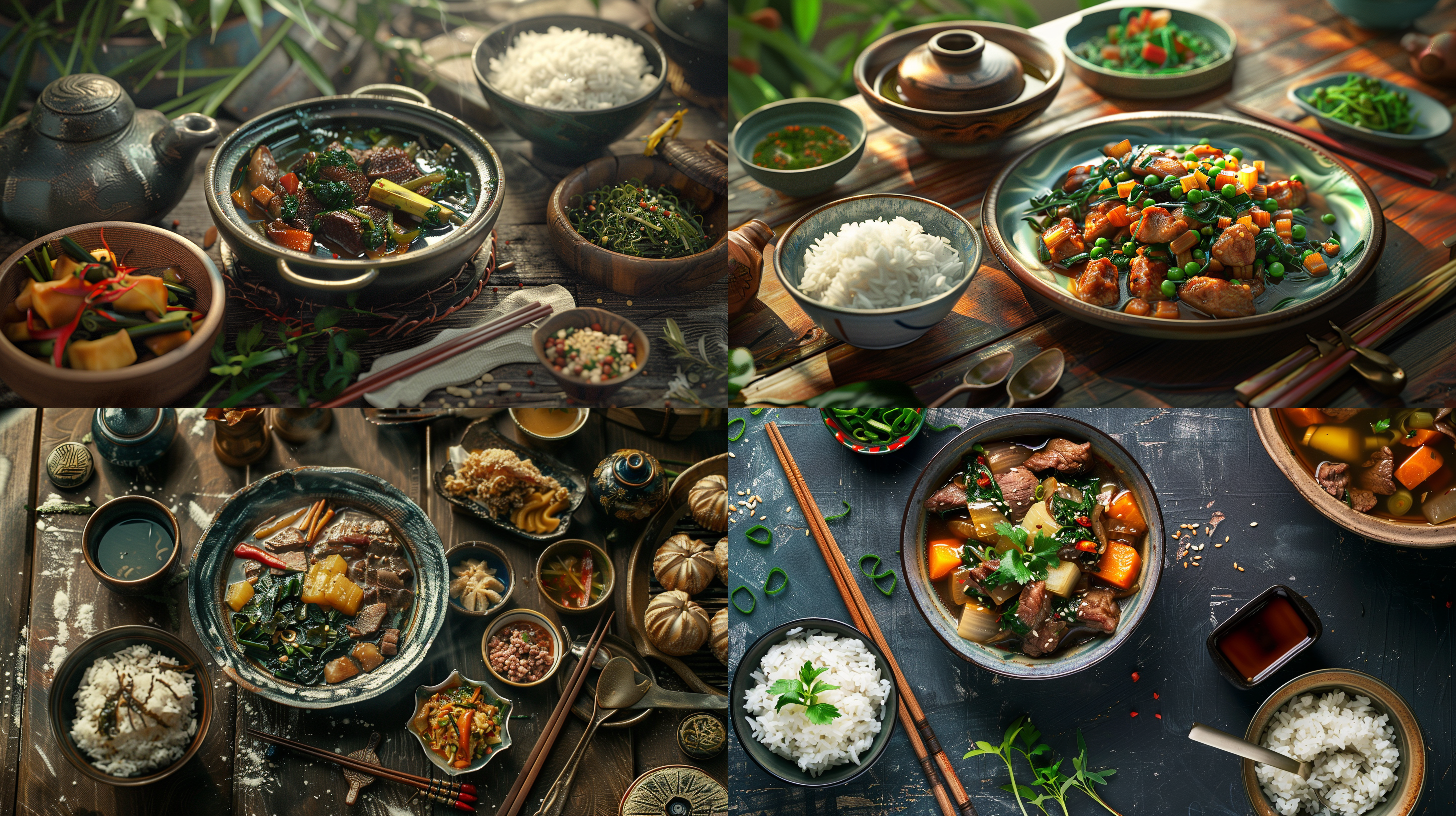 一碟绿野菜，一碗杂粮饭，一碟春笋炒肉，紫菜汤， 照片写实