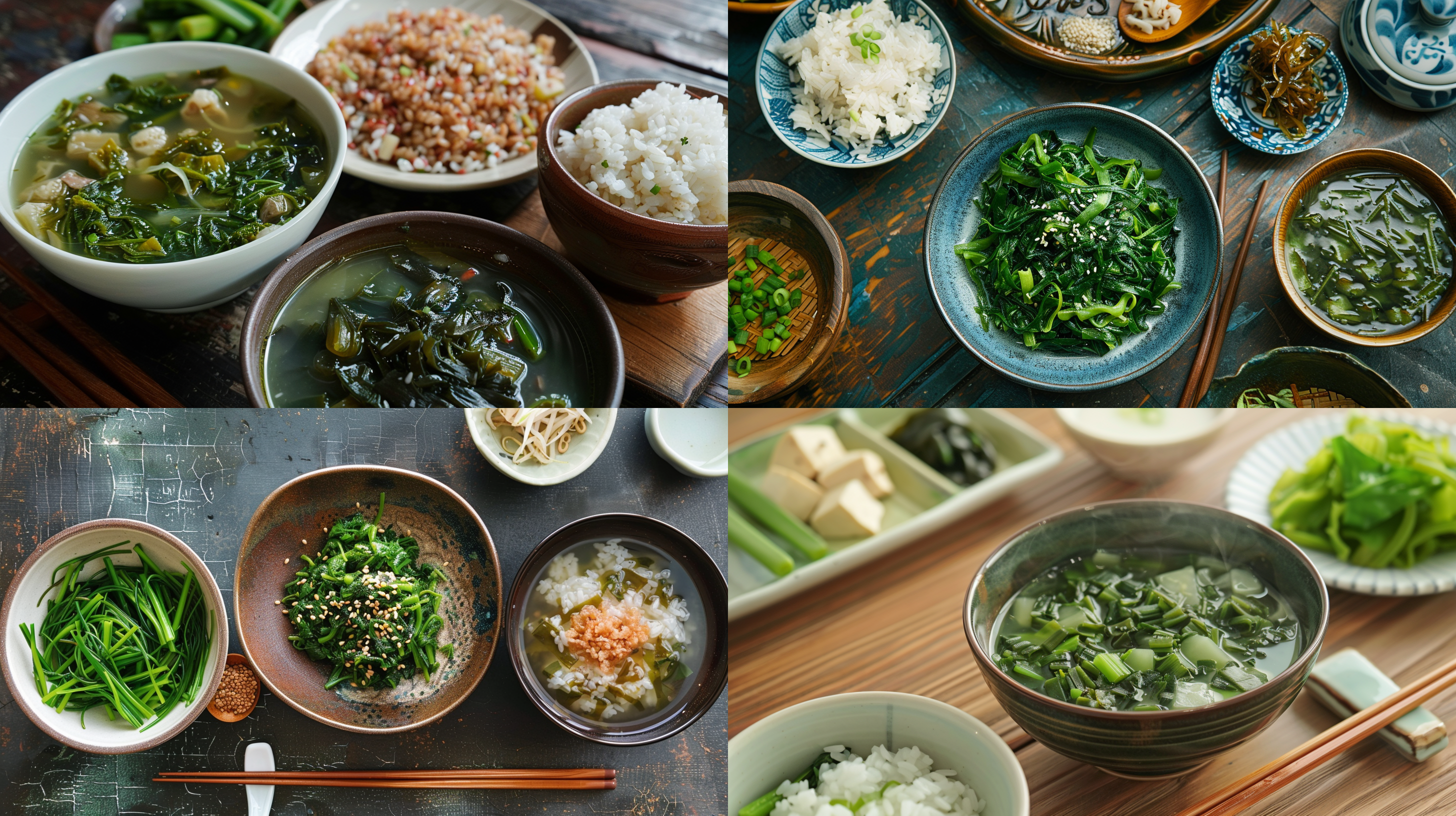 一碟绿色菜，一碗杂粮饭，一碟竹笋，一碗紫菜汤， 照片写实