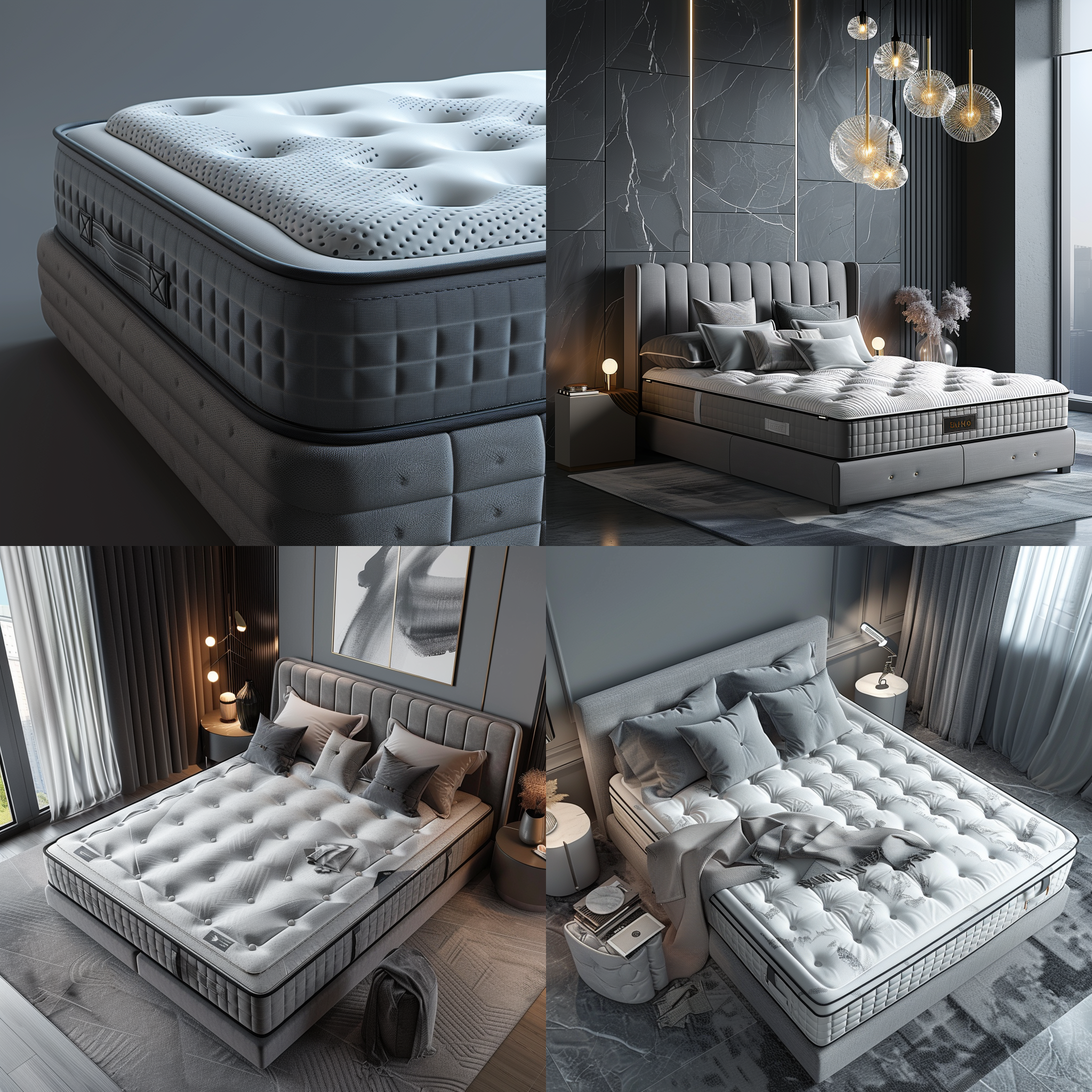 床垫科技感，ai智能，广角镜头，精美渲染，蓝灰背景，octane render灯光，c4d建模，ultra hd 8k，现代。