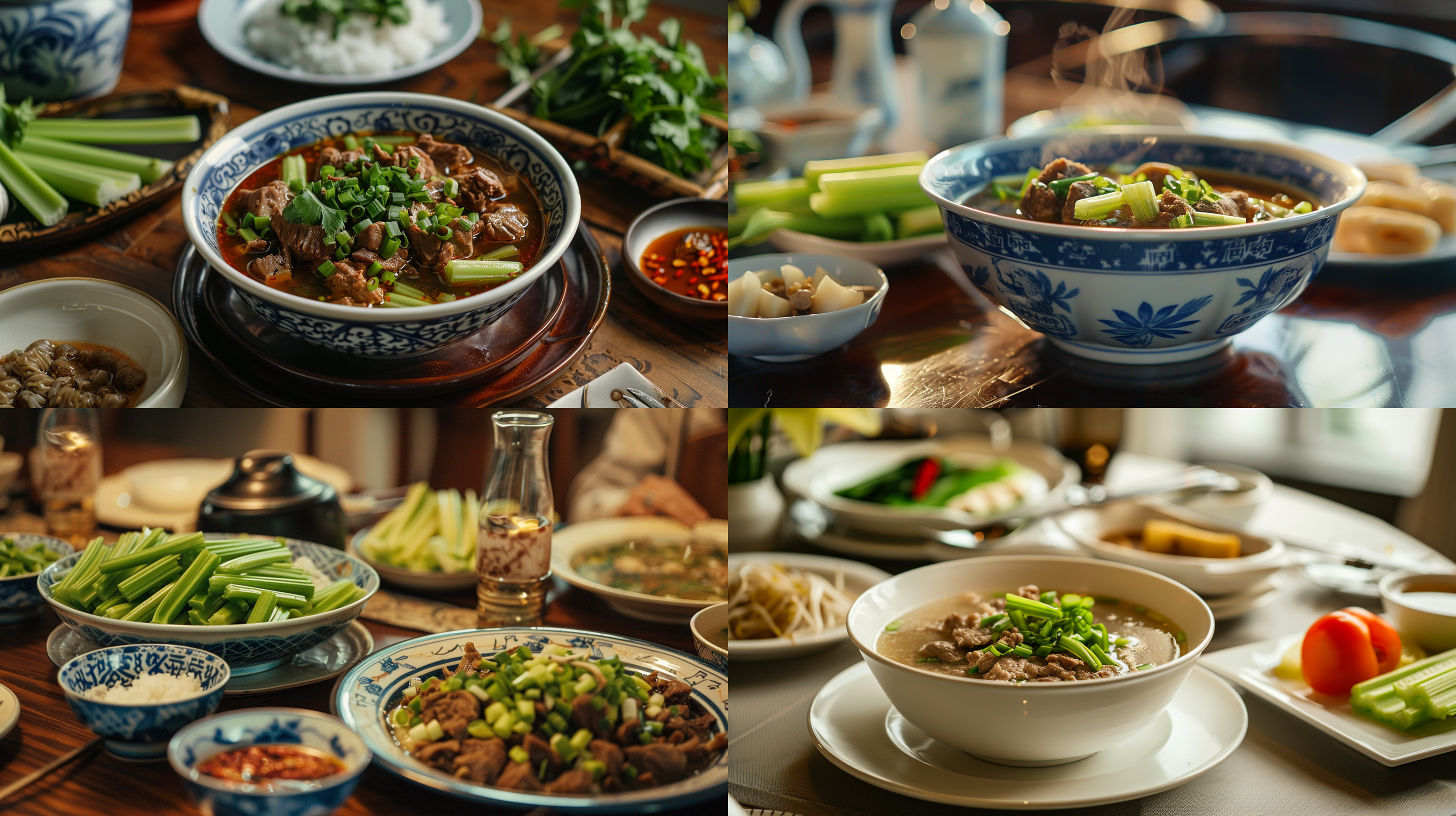 一碟芹菜，一碗有一点花椒的羊肉汤，晚上，餐桌 照片写实