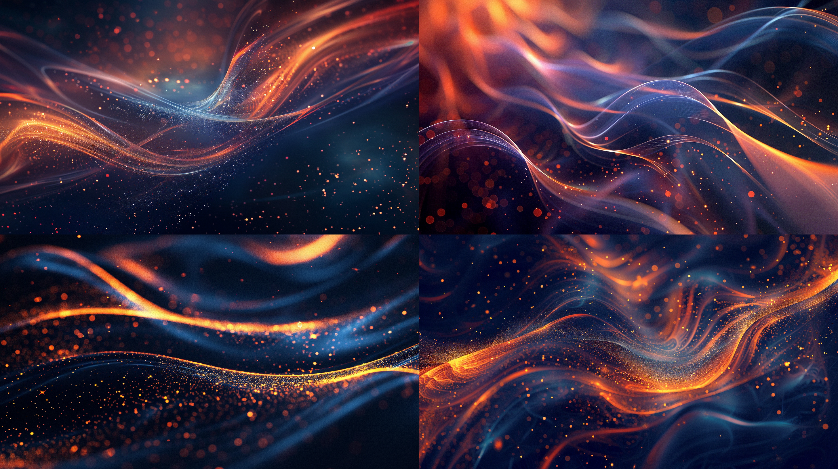high-tech background with flowing lines and stars, deep indigo and orange, data visualization, shifting focus lens, spirals and curves, high definition