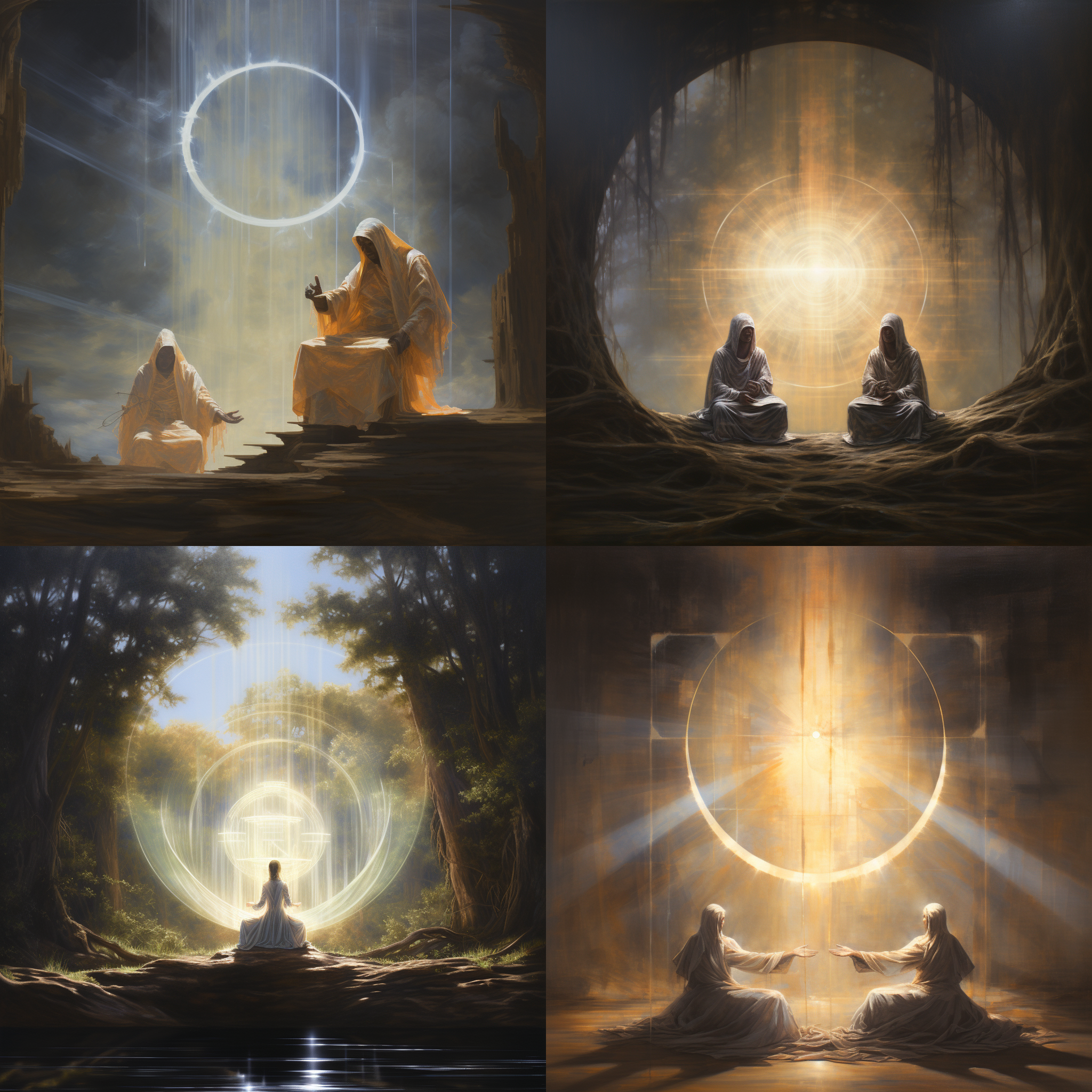 两人身体被光晕包围飘起来，在充满阳光的环境里冥想