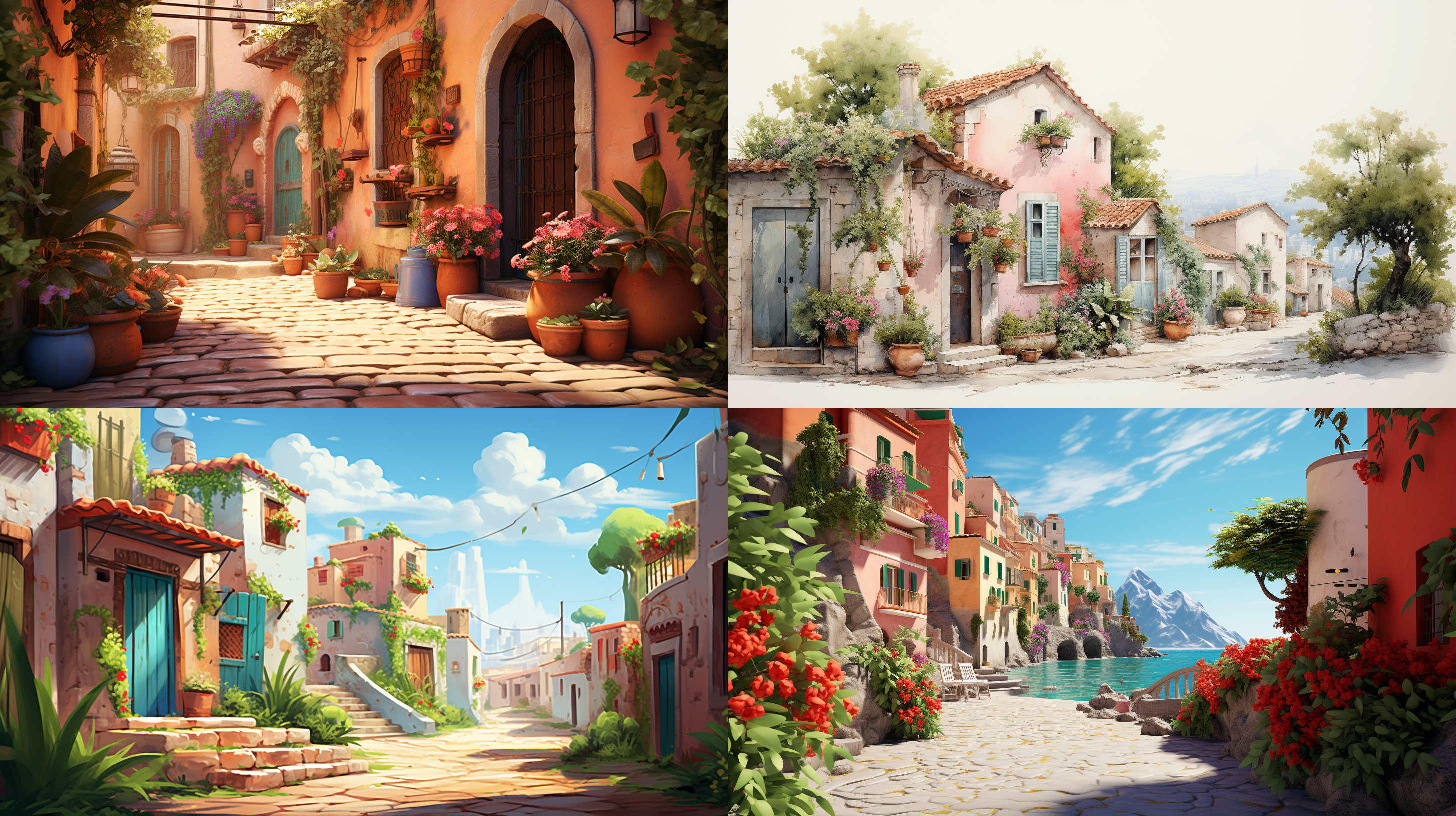 美丽舒适的村庄，植物，怀旧插图风格，浅红色和青色，闪烁，雨天，地中海风格，浪漫插图，现实主义细节，150风格。