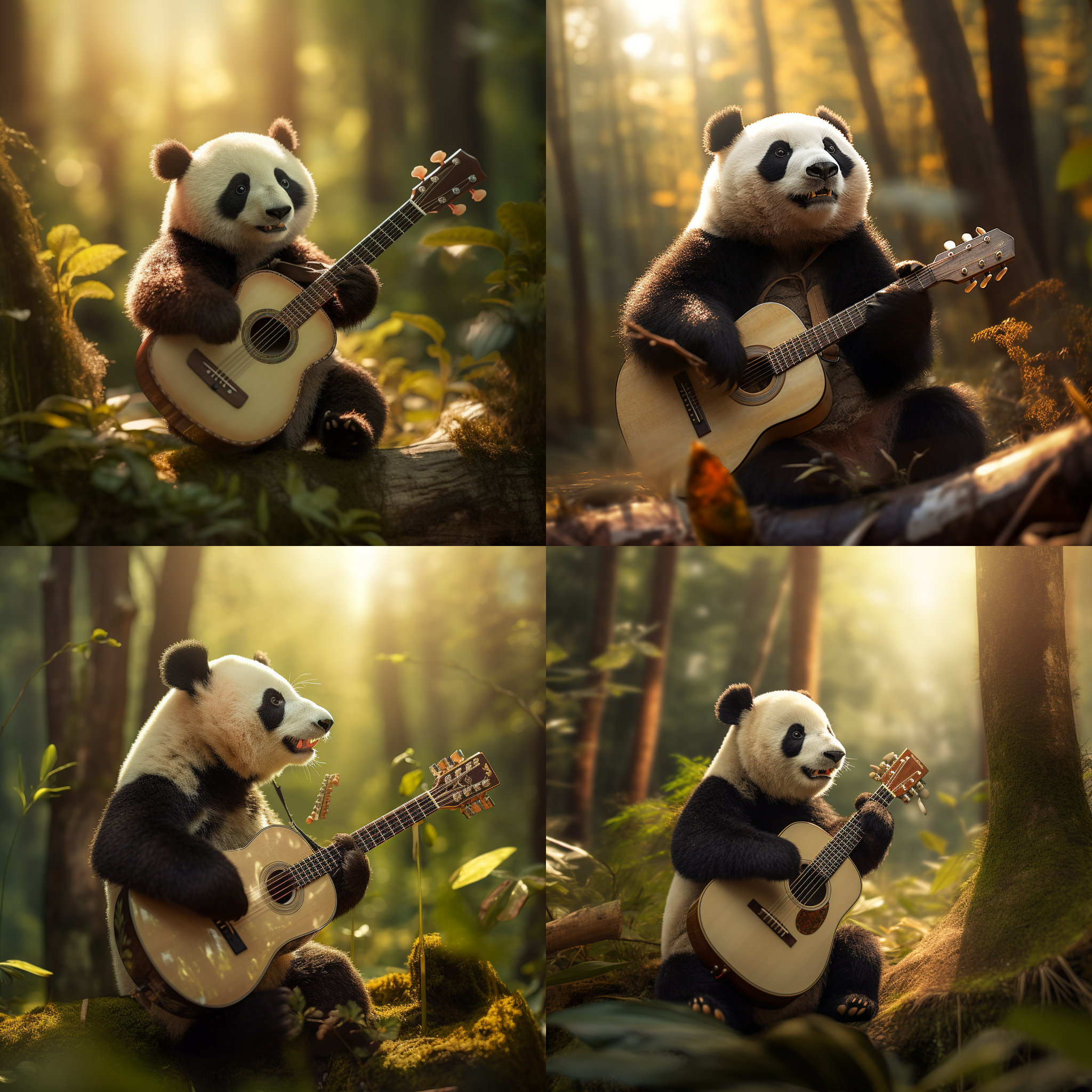 熊猫弹吉他，竹林背景，和谐色调，逆光拍摄，长焦镜头，抓拍，悠闲表情，木吉他，自然光线，和谐。