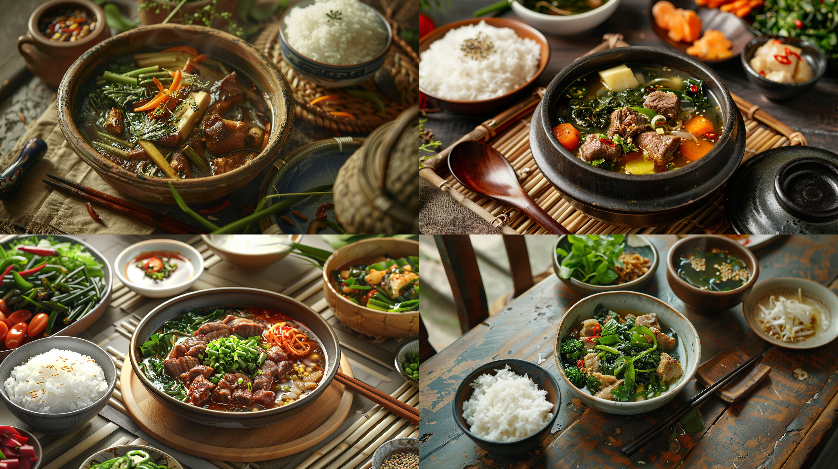 一碟绿野菜，一碗杂粮饭，一碟竹笋炒肉，紫菜汤， 照片写实
