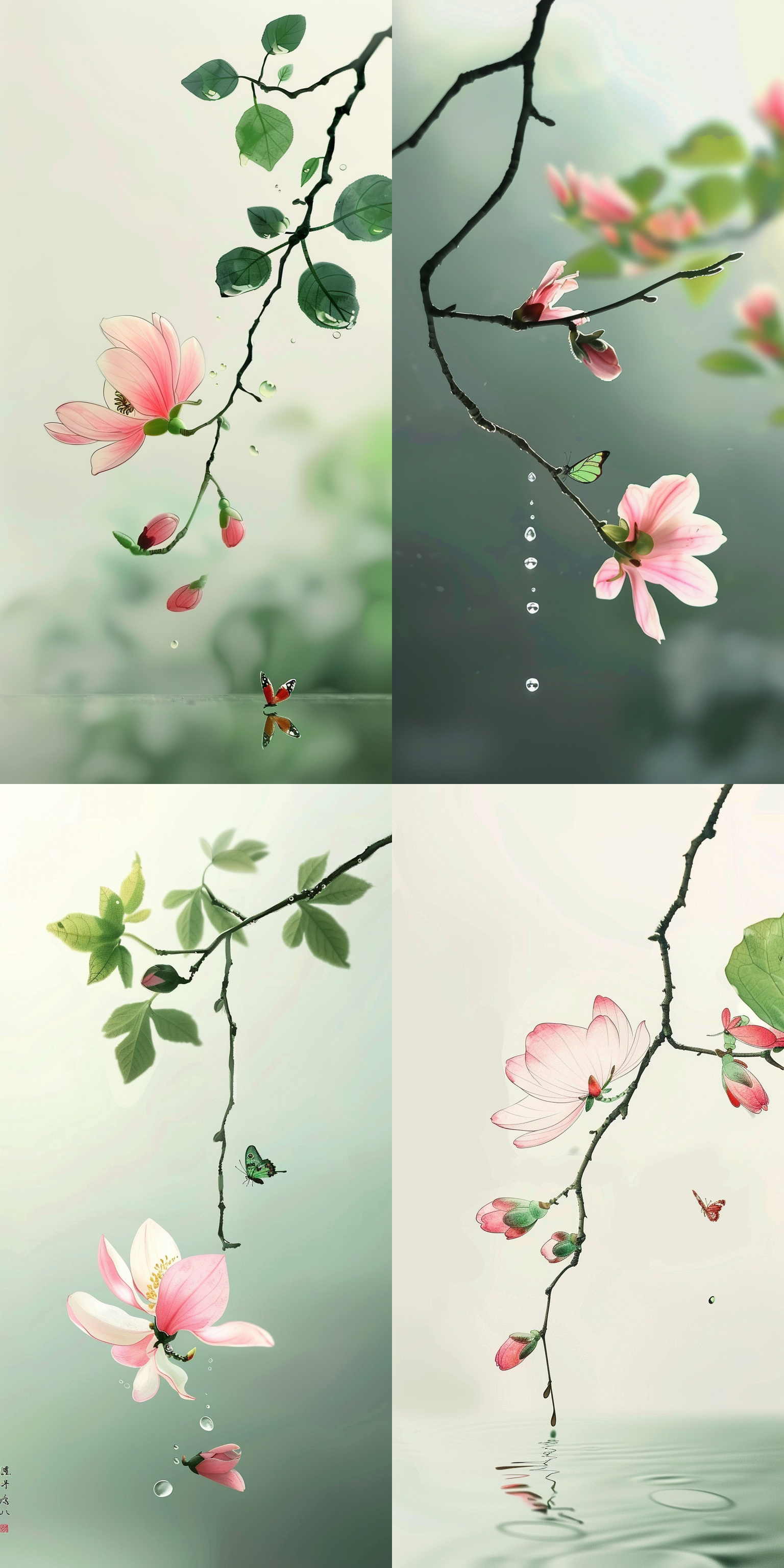1支1叶1朵花，韵律，一滴晶莹剔透的水珠，1只蝴蝶，远景，光影交错，色彩对比。