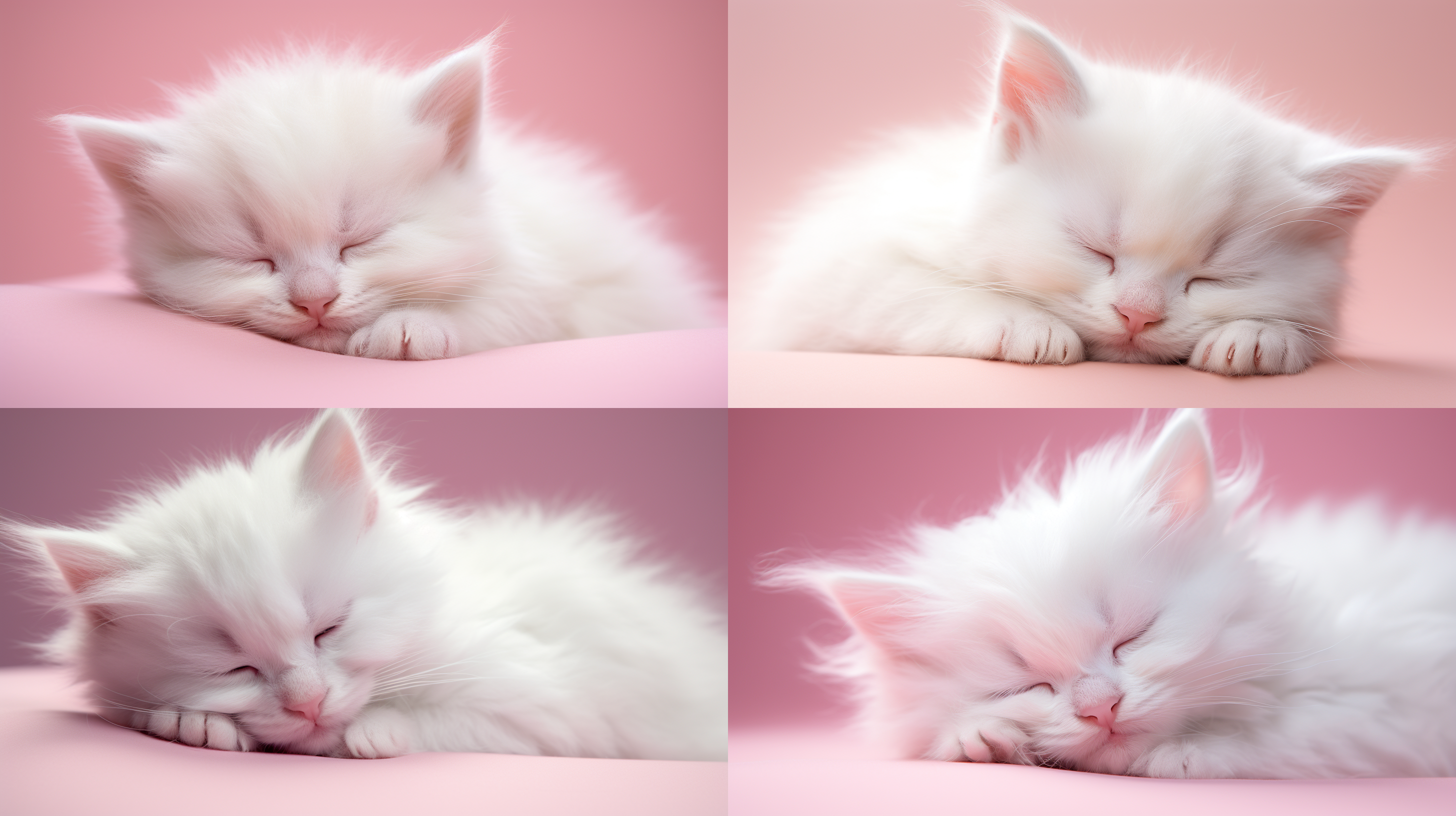 白色小猫睡觉，居中构图，浅粉色纯色背景，细节突出，静态，柔和光线，可爱，温暖，放松，清新。,