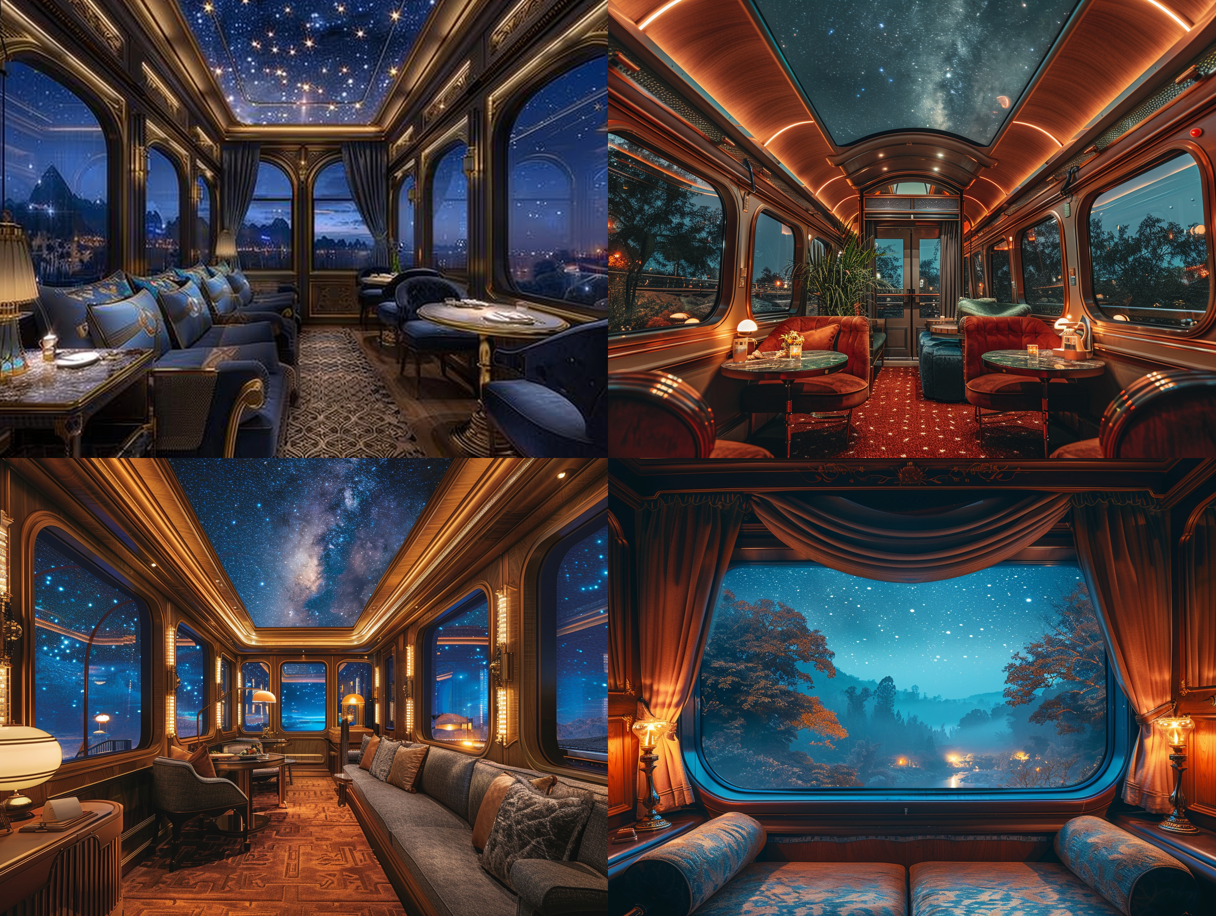 豪华复古风格的火车车厢内，车窗外是星空 虚幻引擎
