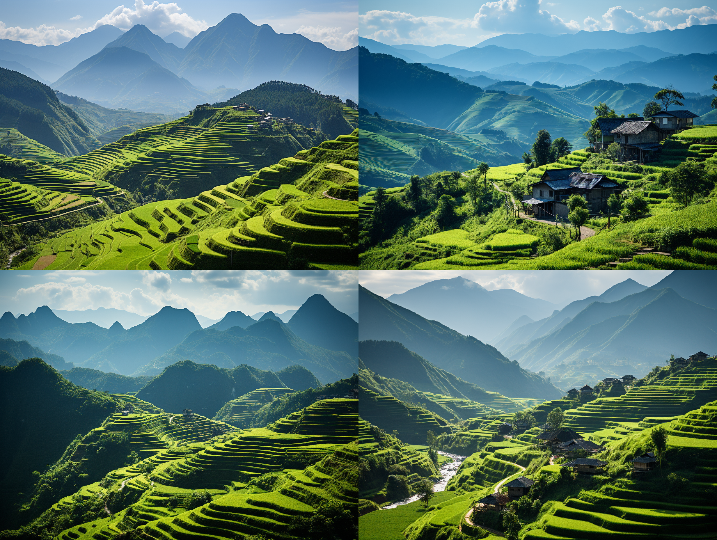 梯田，重山叠嶂，油菜花，广角镜头，明亮色调，自然光，远景，层次感，和谐，宁静。